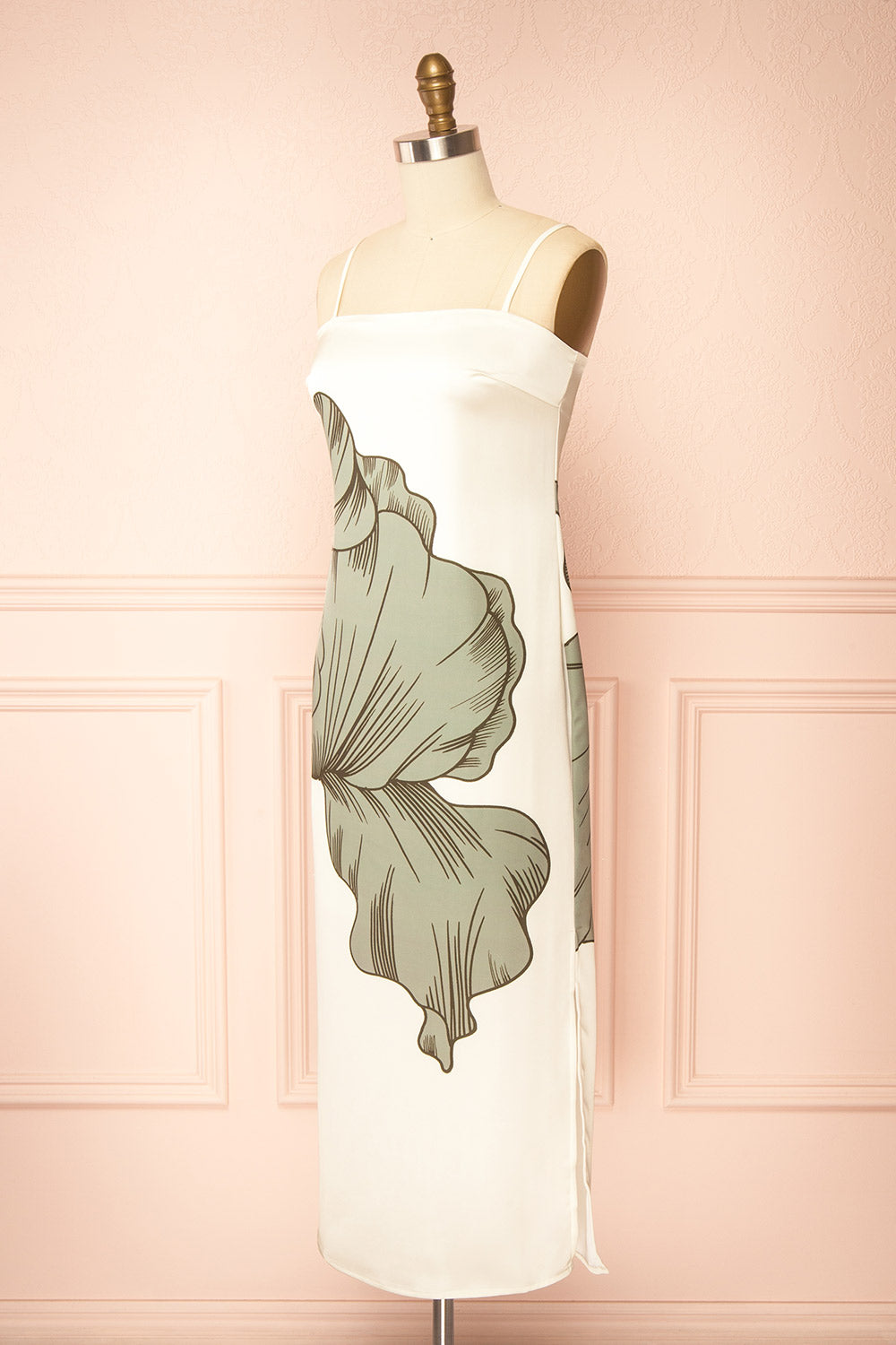 Brynlee Ivory Midi Satin Dress with Leaf Motif | Boutique 1861 side view
