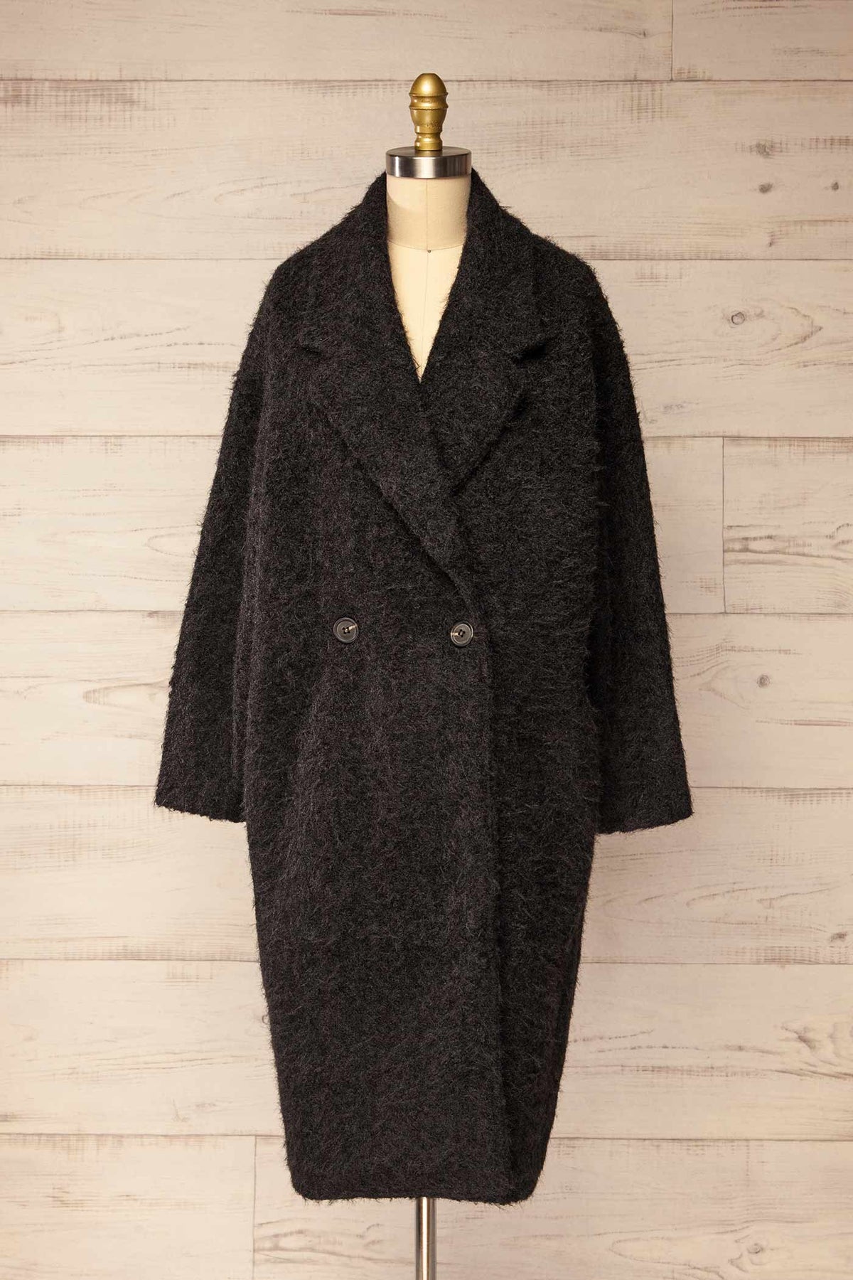 front view of Budhanil Black Long Fuzzy Coat at La petite garçonne