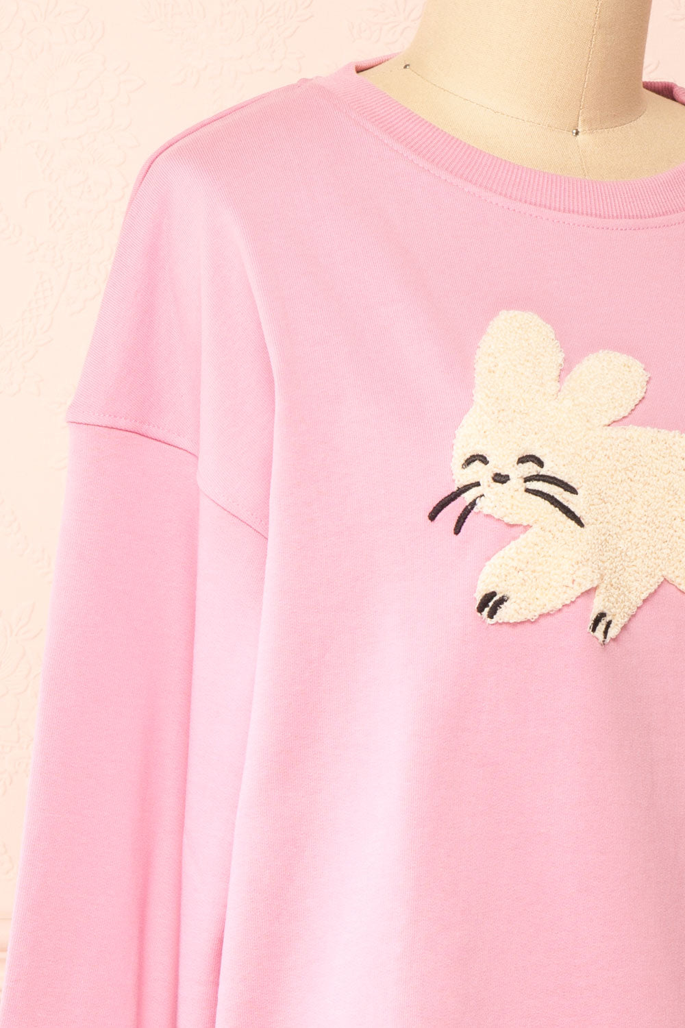 Bugsy Embroidered Bunny Pink Crewneck Sweatshirt | Boutique 1861 side close-up