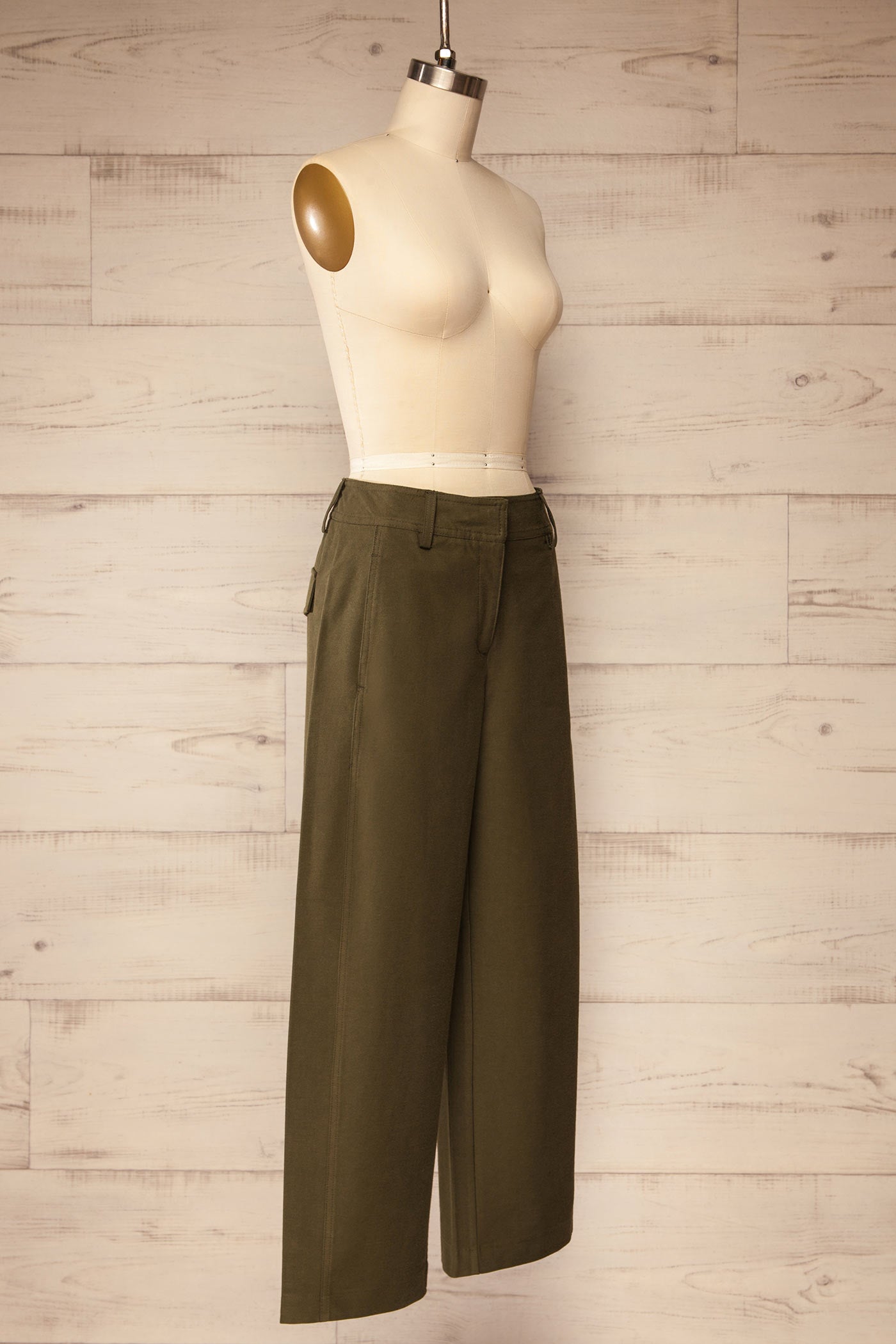 side view of Buldhana Khaki Barrel Leg Pants at La petite garçonne