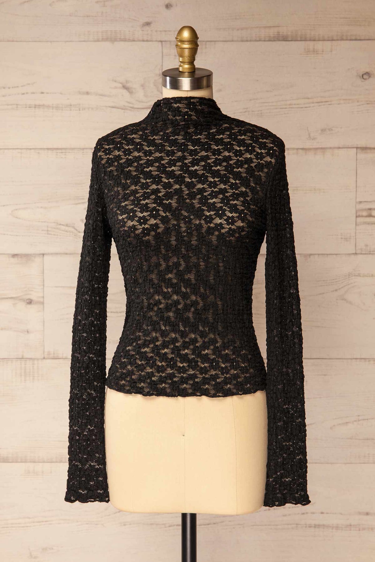 front view of Burgeo Sheer Black Lace Mock Neck Top with Thumbhole Cuffs at La petite garçonne