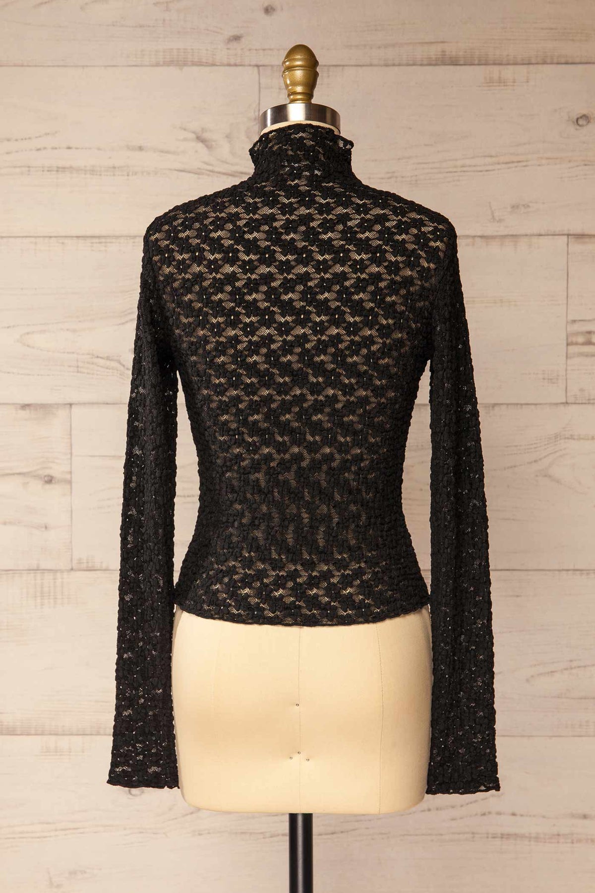 back view of Burgeo Sheer Black Lace Mock Neck Top with Thumbhole Cuffs at La petite garçonne