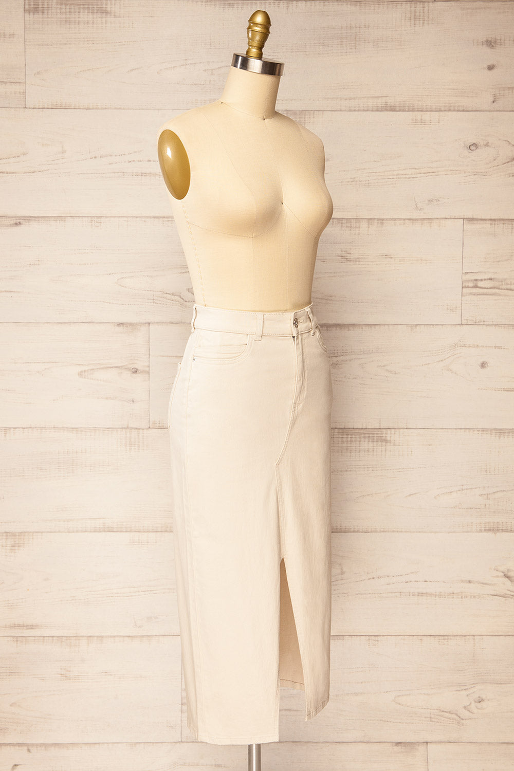 Busan Beige Straight Denim Midi Skirt | La petite garçonne side view