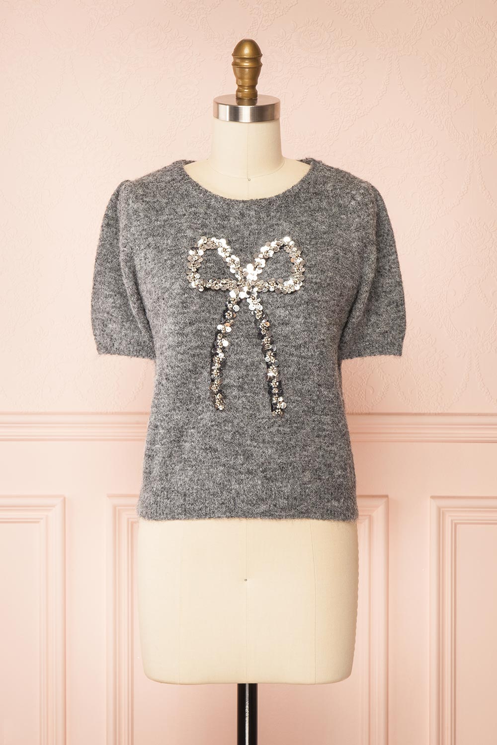 Byram Grey Knitted T-Shirt with Sequin Bow | Boutique 1861 front view