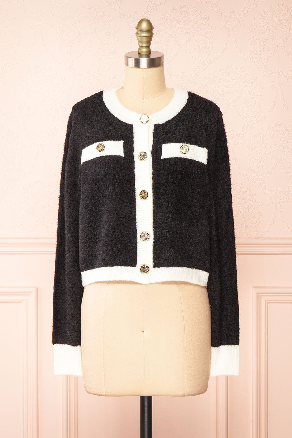 Cabria Black Fuzzy Preppy Cardigan | Boutique 1861 front view