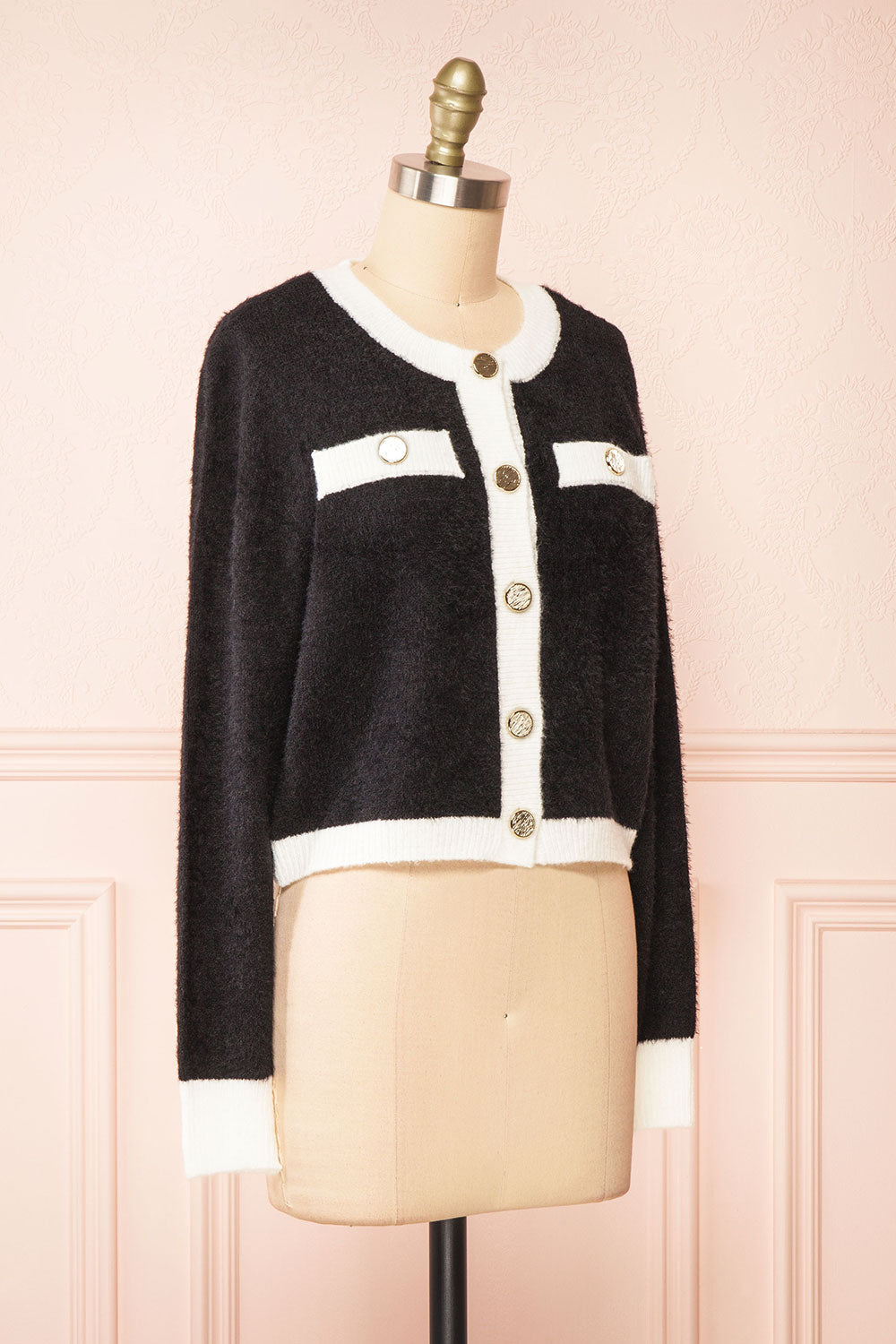 Cabria Black Fuzzy Preppy Cardigan | Boutique 1861 side view