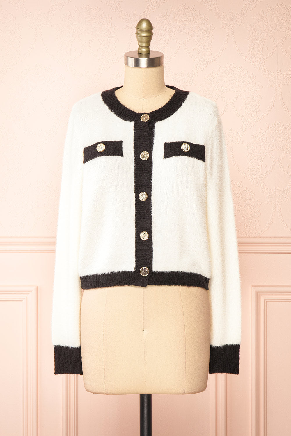 Cabria White Fuzzy Preppy Cardigan | Boutique 1861 front view
