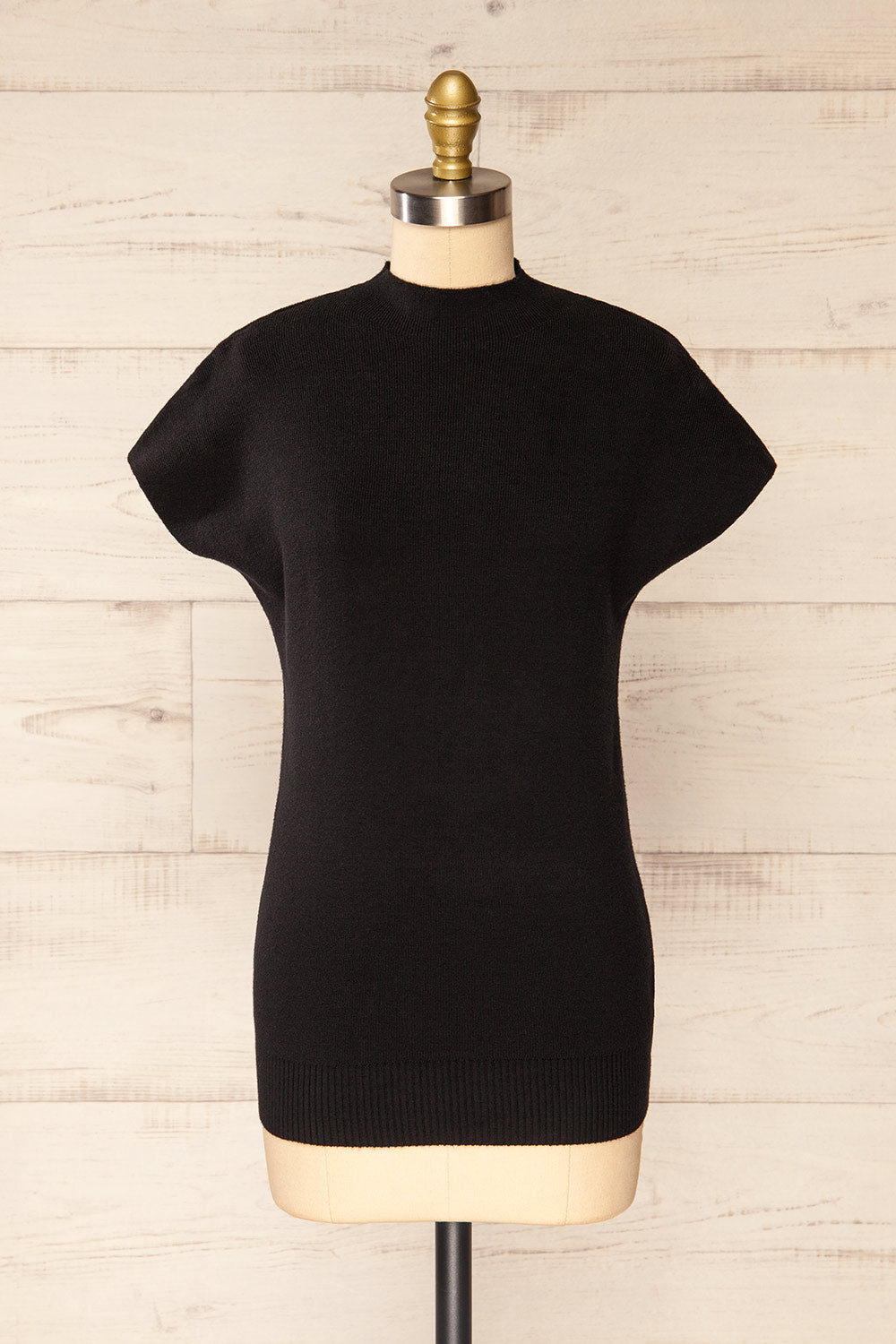 Cagliari Black Short Sleeve Mock Neck Ribbed Knit Top | La petite garçonne front view