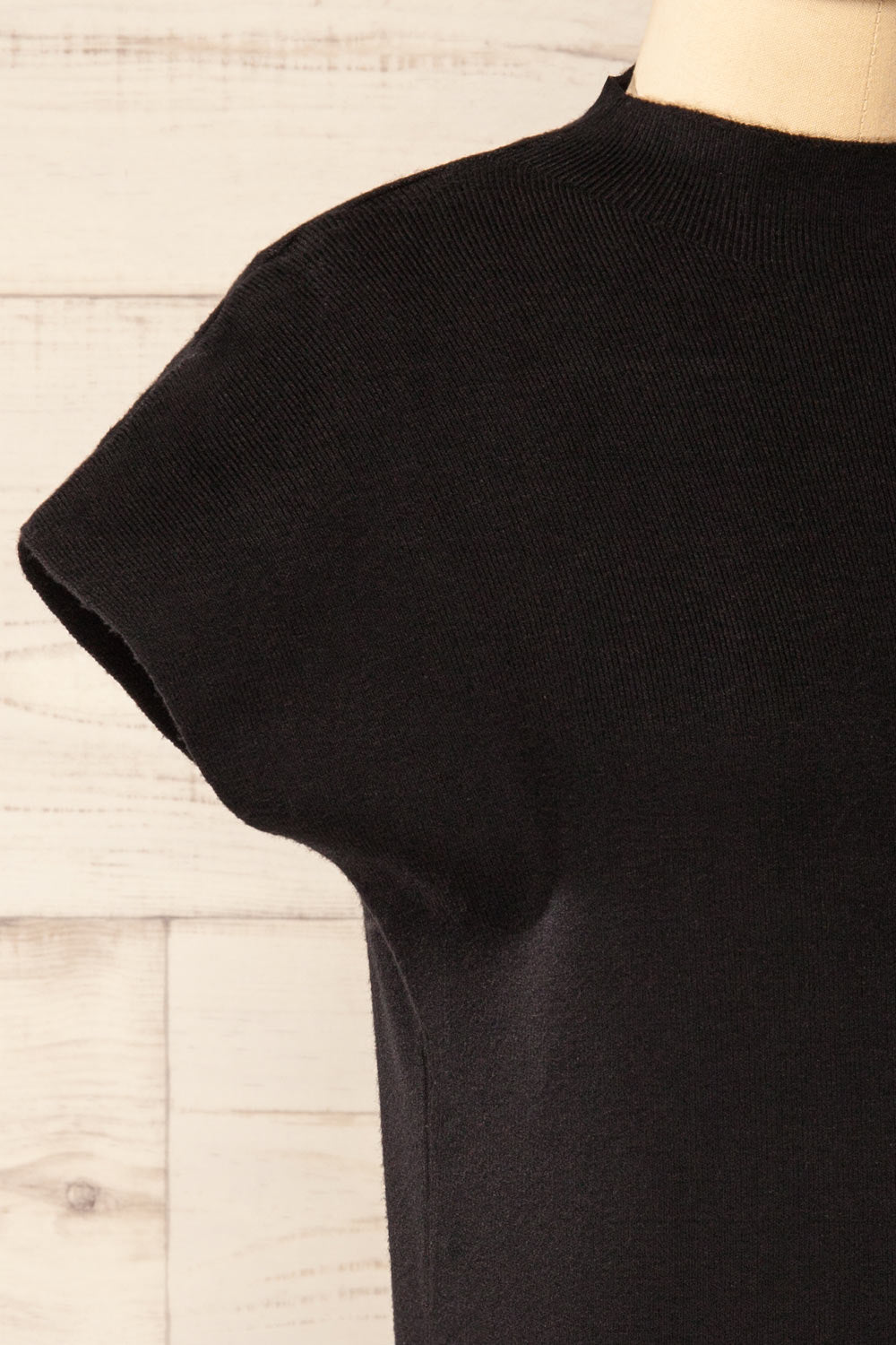 Cagliari Black Short Sleeve Mock Neck Ribbed Knit Top | La petite garçonne side close-up