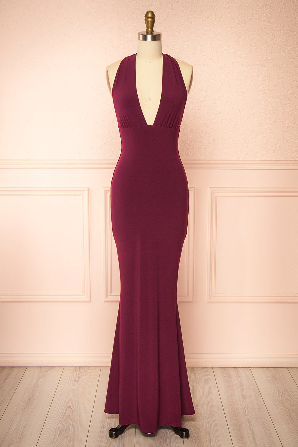 Caiden Burgundy Halter V Neck Open Back Mermaid Dress