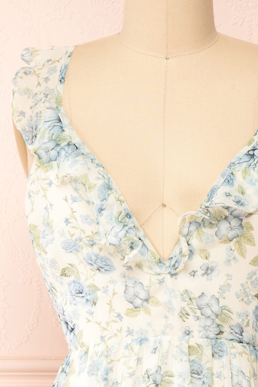 Calania Tiered Floral Midi Dress w/ Ruffles | Boutique 1861 front close-up