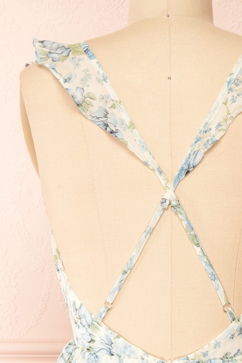 Calania Tiered Floral Midi Dress w/ Ruffles | Boutique 1861 back close-up