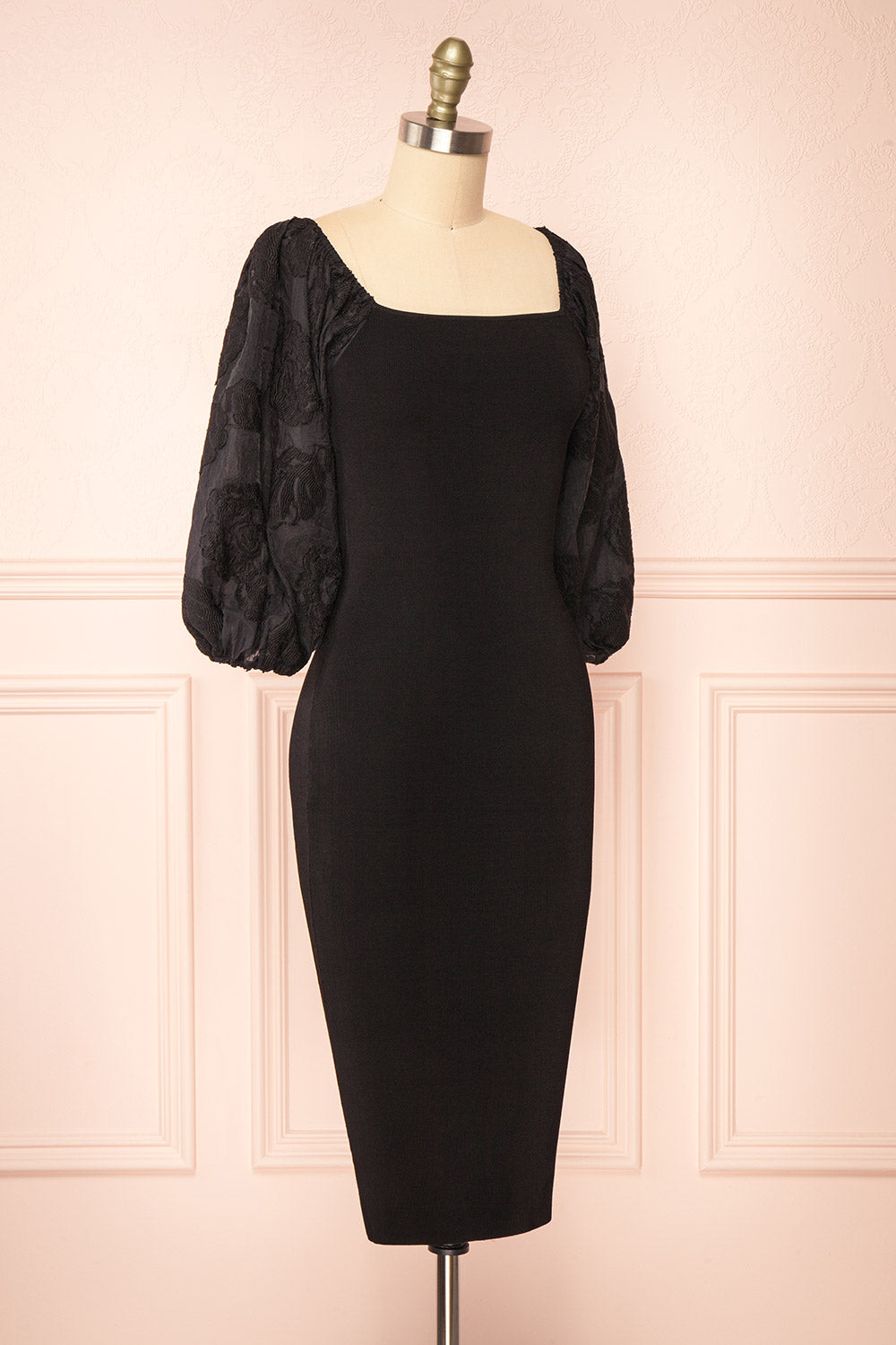 Calixta Black Midi Dress w/ Textured Sleeves | Boutique 1861 side view