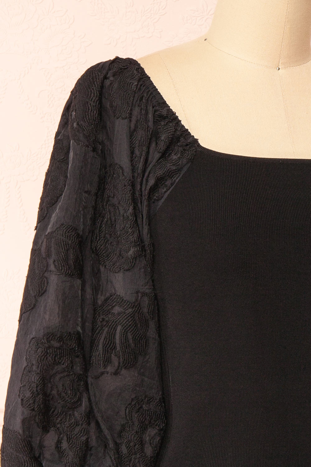 Calixta Black Midi Dress w/ Textured Sleeves | Boutique 1861 side close-up