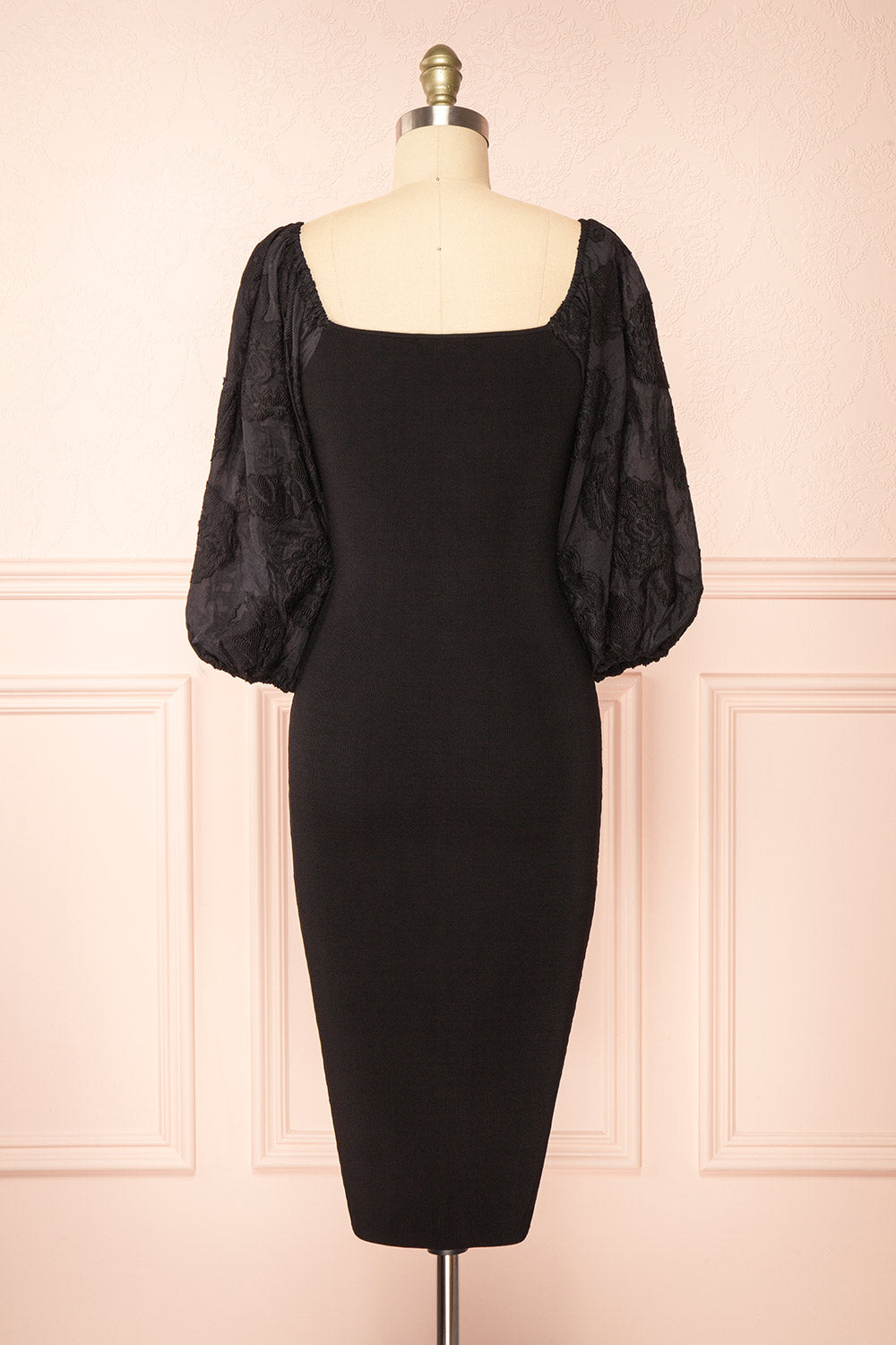 Calixta Black Midi Dress w/ Textured Sleeves | Boutique 1861 back view