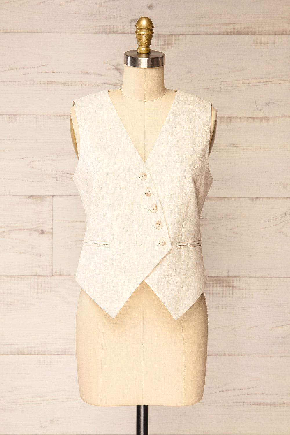Calydon Beige Waistcoat w/ Asymmetrical Lapel | La petite garçonne front view