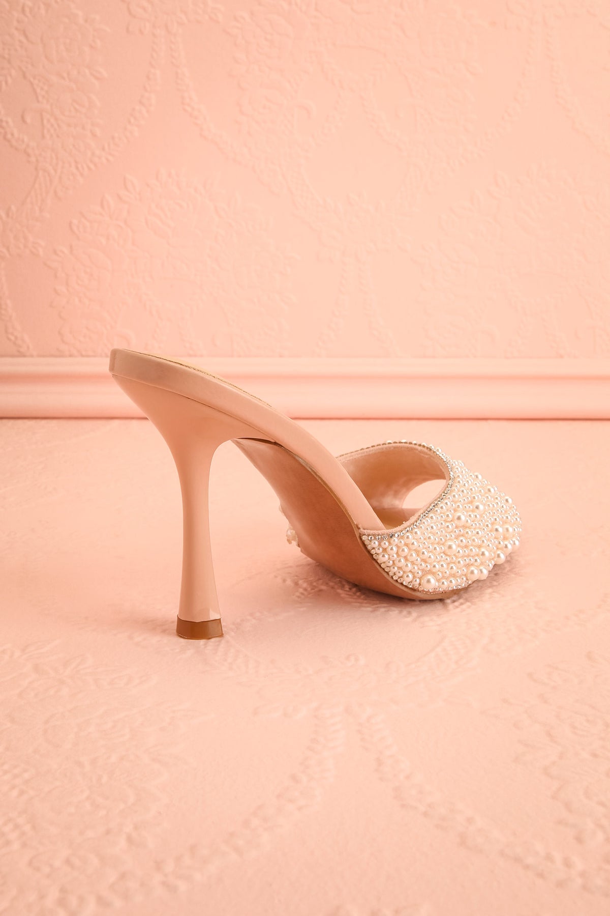 back view of Calystegia Beige High-Heel Slip-On Mules at Boudoir 1861