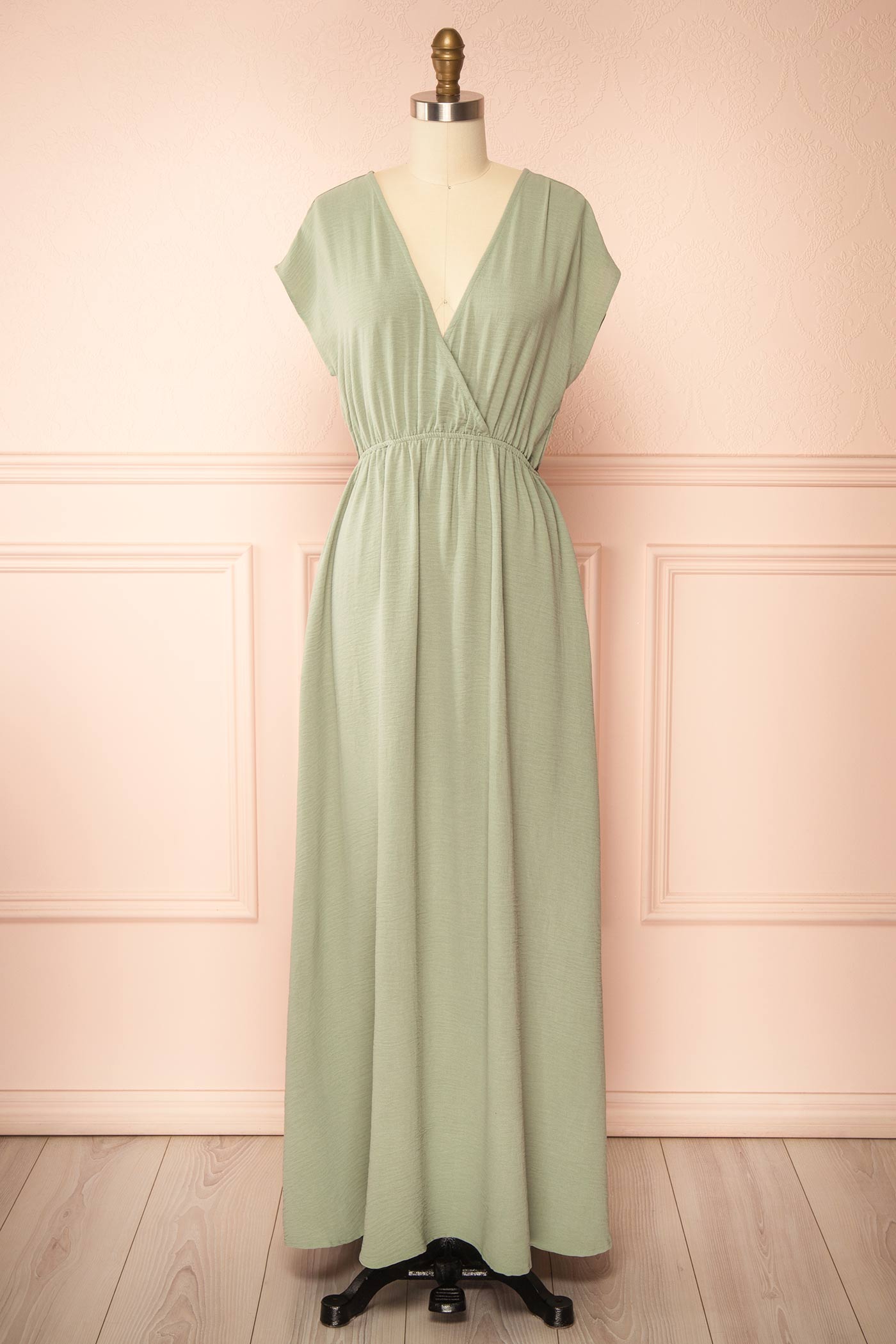 Frontview Cambrie Sage Maxi Dress with V-Neck at la boutique 1861