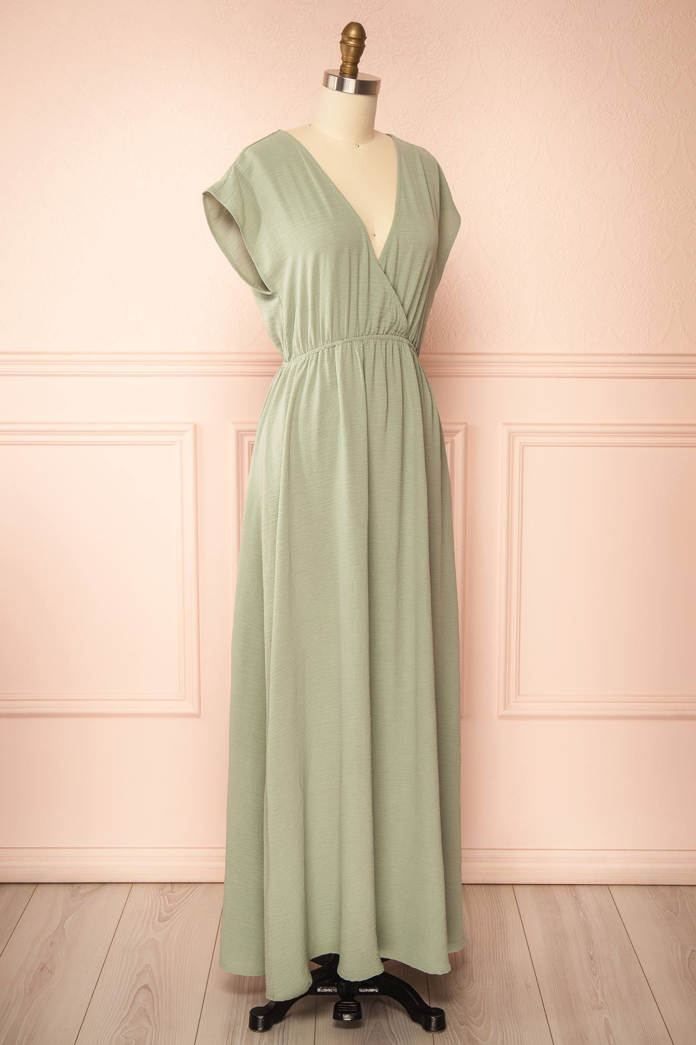 Sideview Cambrie Sage Maxi Dress with V-Neck at la boutique 1861