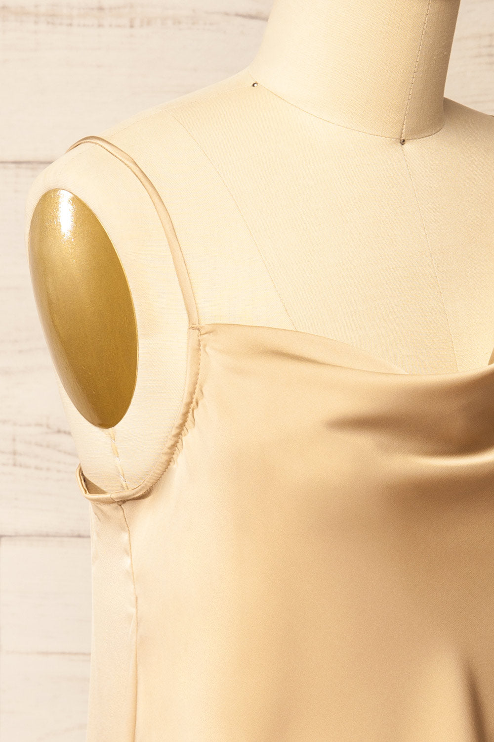 Camrose Champagne Asymmetric Satin Top | La petite garçonne side