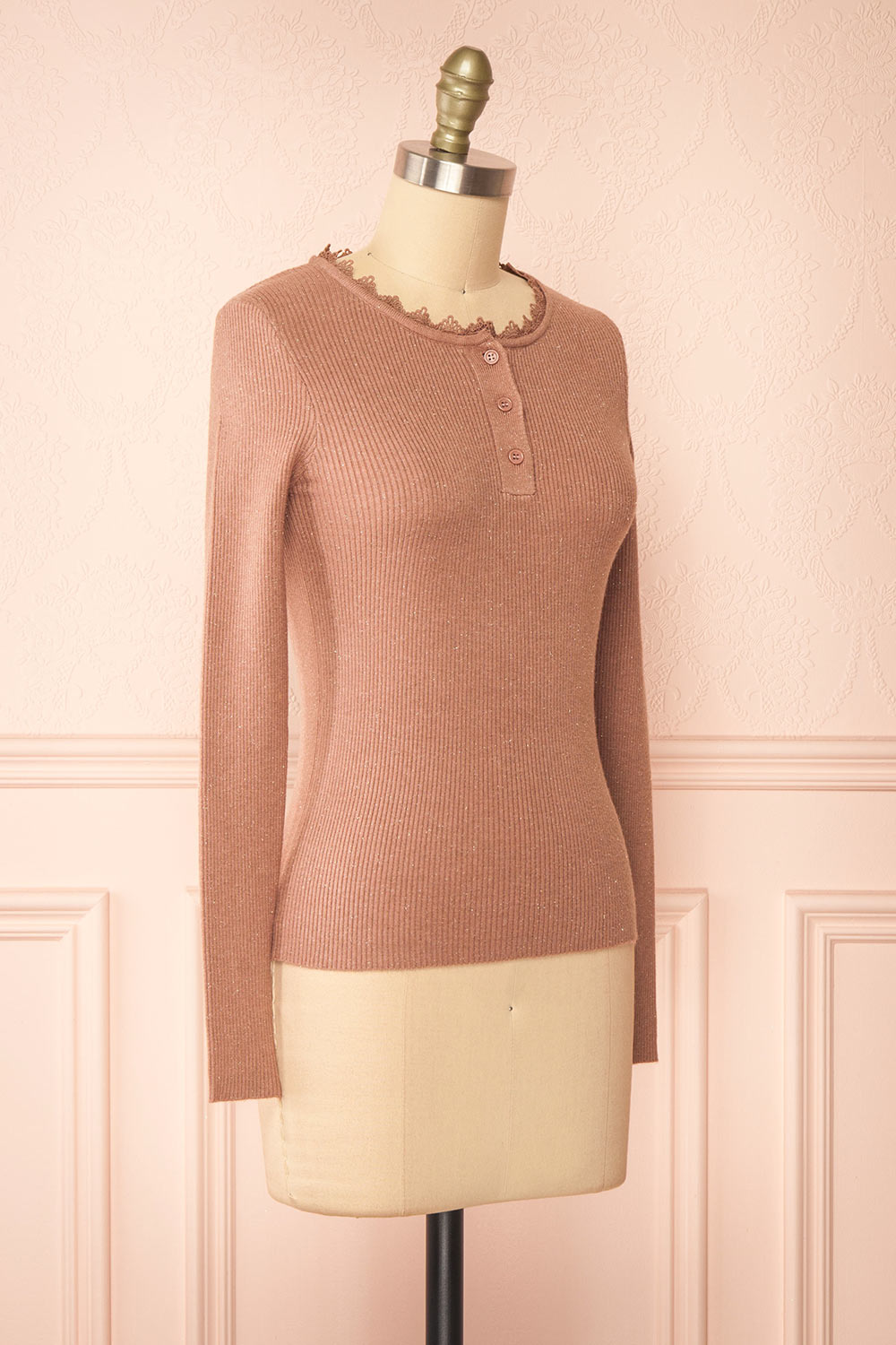 Candra Mauve Ribbed Top w/ Lace Collar | Boutique 1861 side view