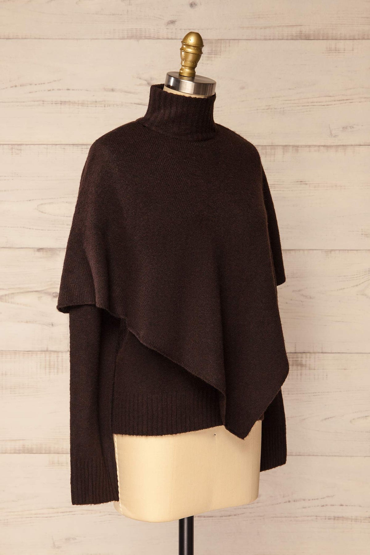 side view of Caplan Brown Asymmetrical Overlay Knit Sweater at La petite garçonne