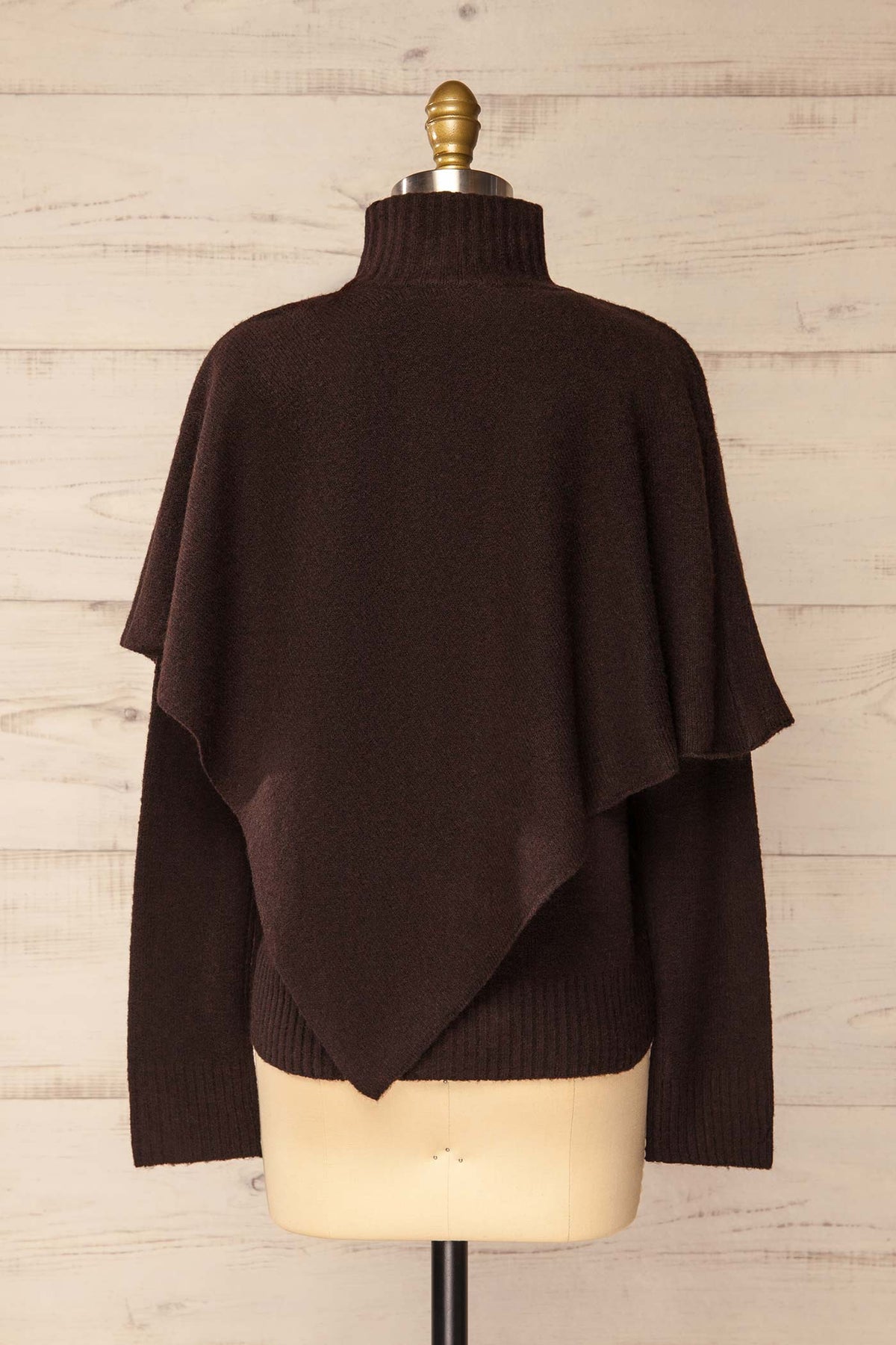 back view of Caplan Brown Asymmetrical Overlay Knit Sweater at La petite garçonne