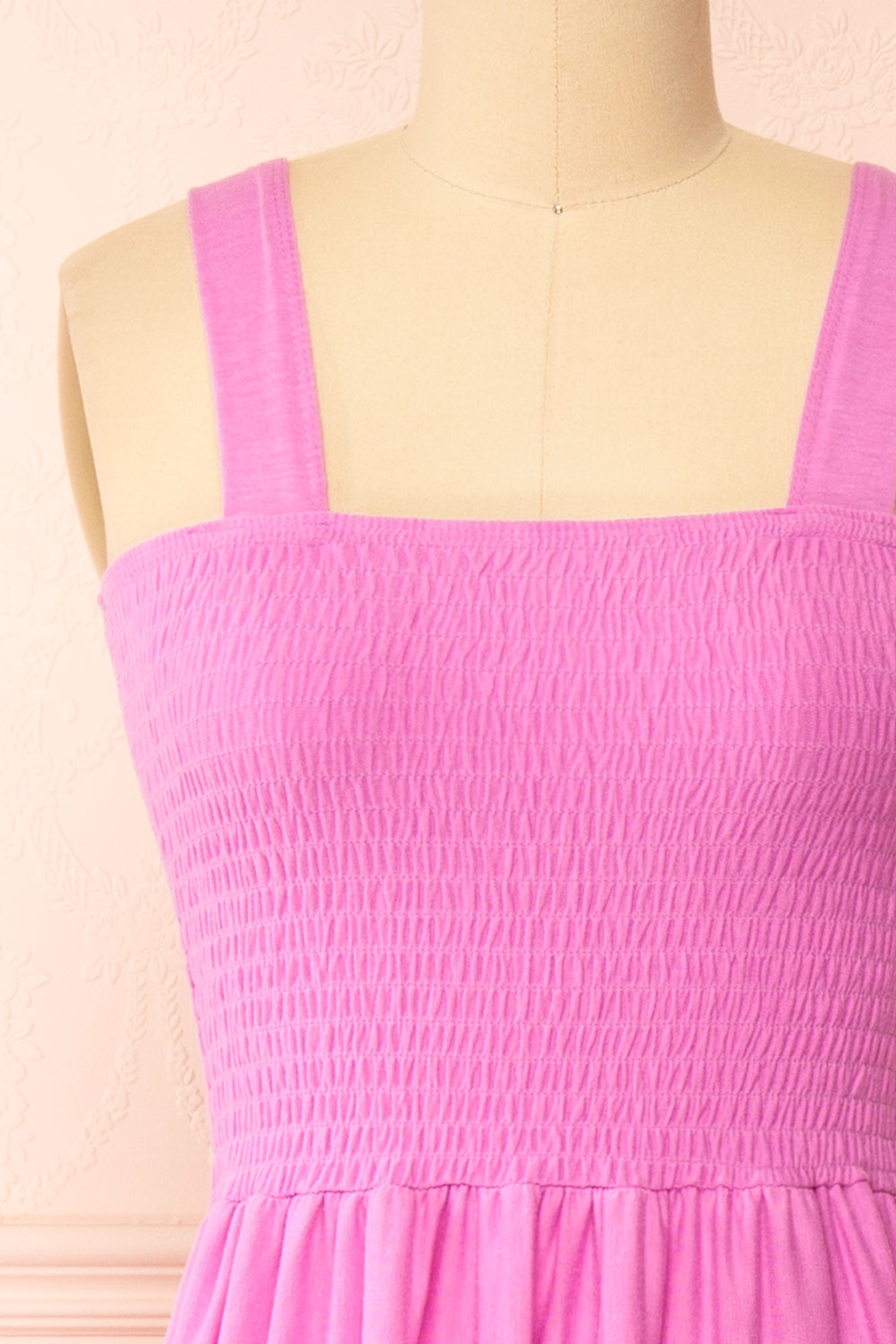 Carly Pink Tiered Midi Dress w/ Ruched Bust | Boutique 1861 front