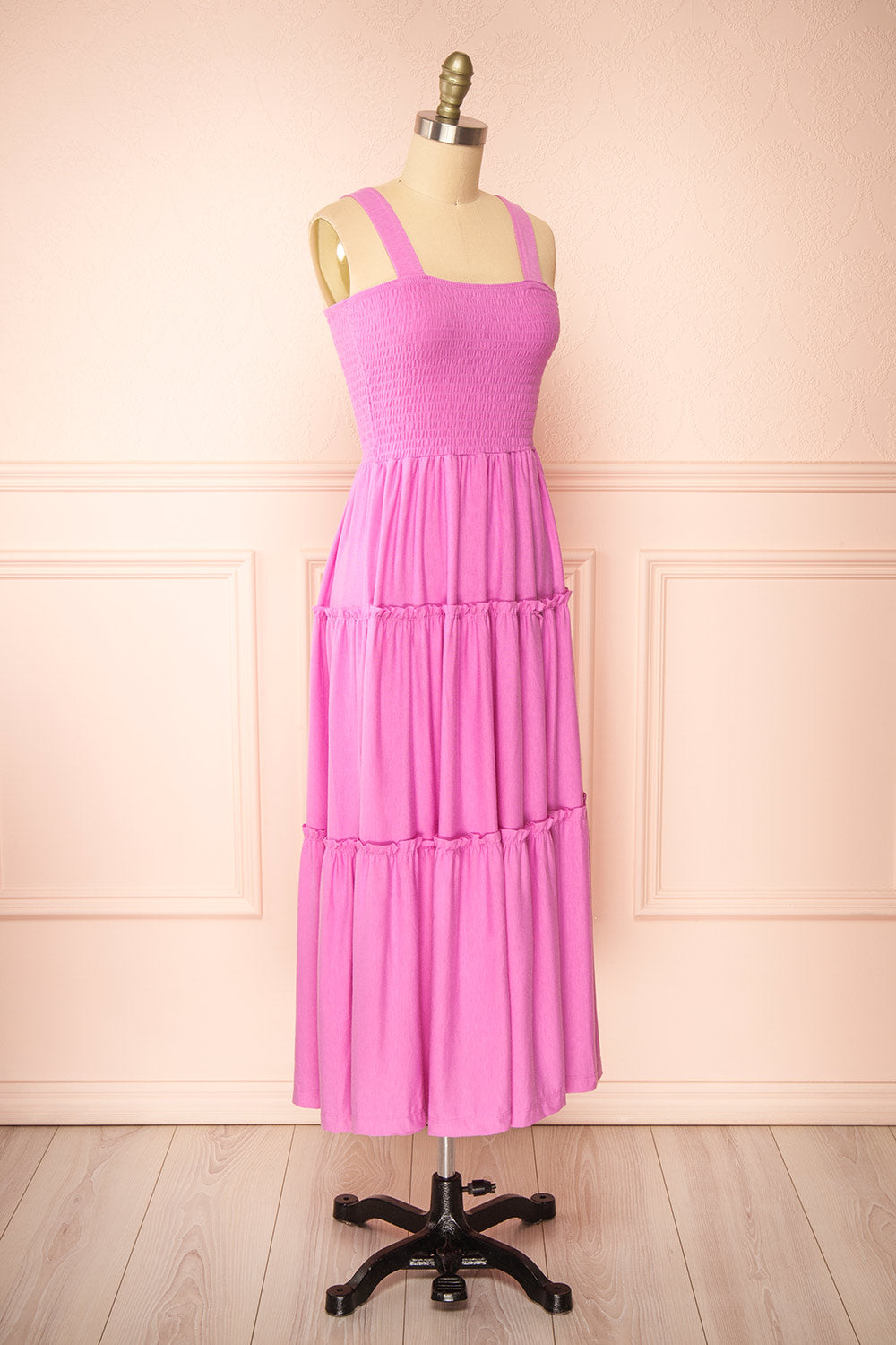 Carly Pink Tiered Midi Dress w/ Ruched Bust | Boutique 1861  side view