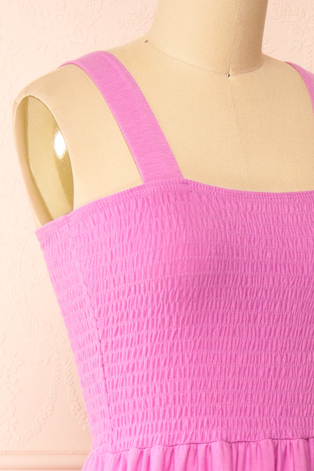 Carly Pink Tiered Midi Dress w/ Ruched Bust | Boutique 1861 side