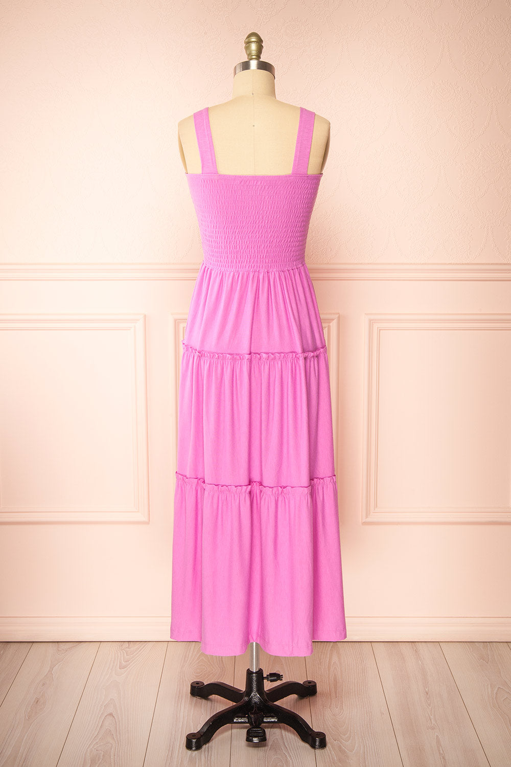 Carly Pink Tiered Midi Dress w/ Ruched Bust | Boutique 1861 back view