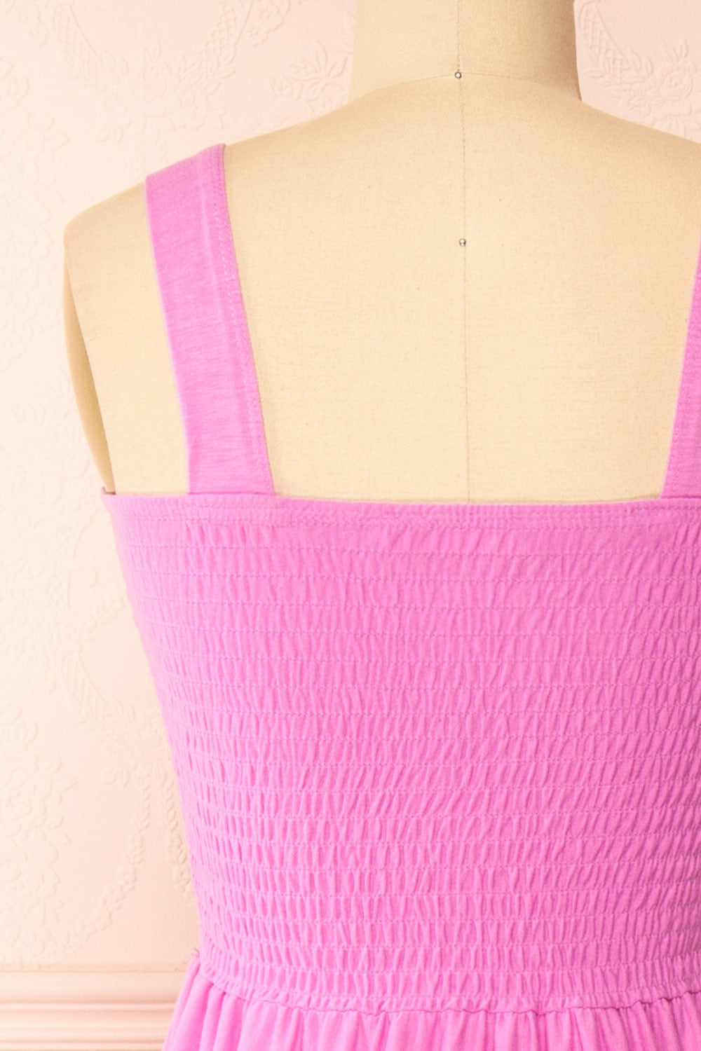 Carly Pink Tiered Midi Dress w/ Ruched Bust | Boutique 1861 back