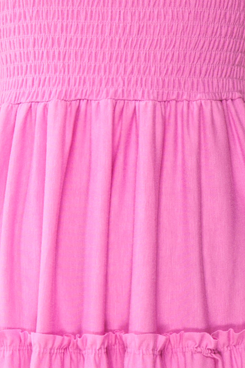 Carly Pink Tiered Midi Dress w/ Ruched Bust | Boutique 1861  fabric