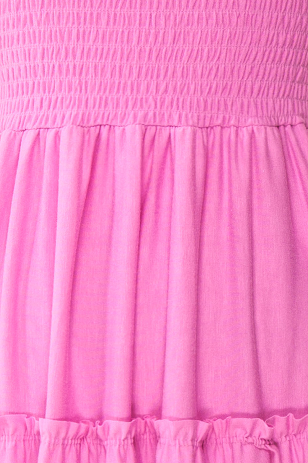 Carly Pink Tiered Midi Dress w/ Ruched Bust | Boutique 1861 fabric