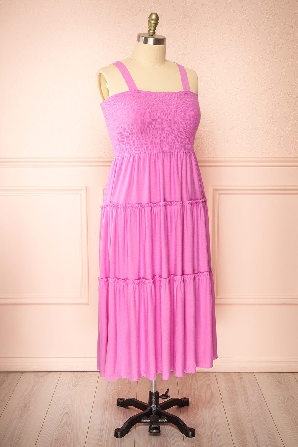 Carly Pink Tiered Midi Dress w/ Ruched Bust | Boutique 1861  side plus size