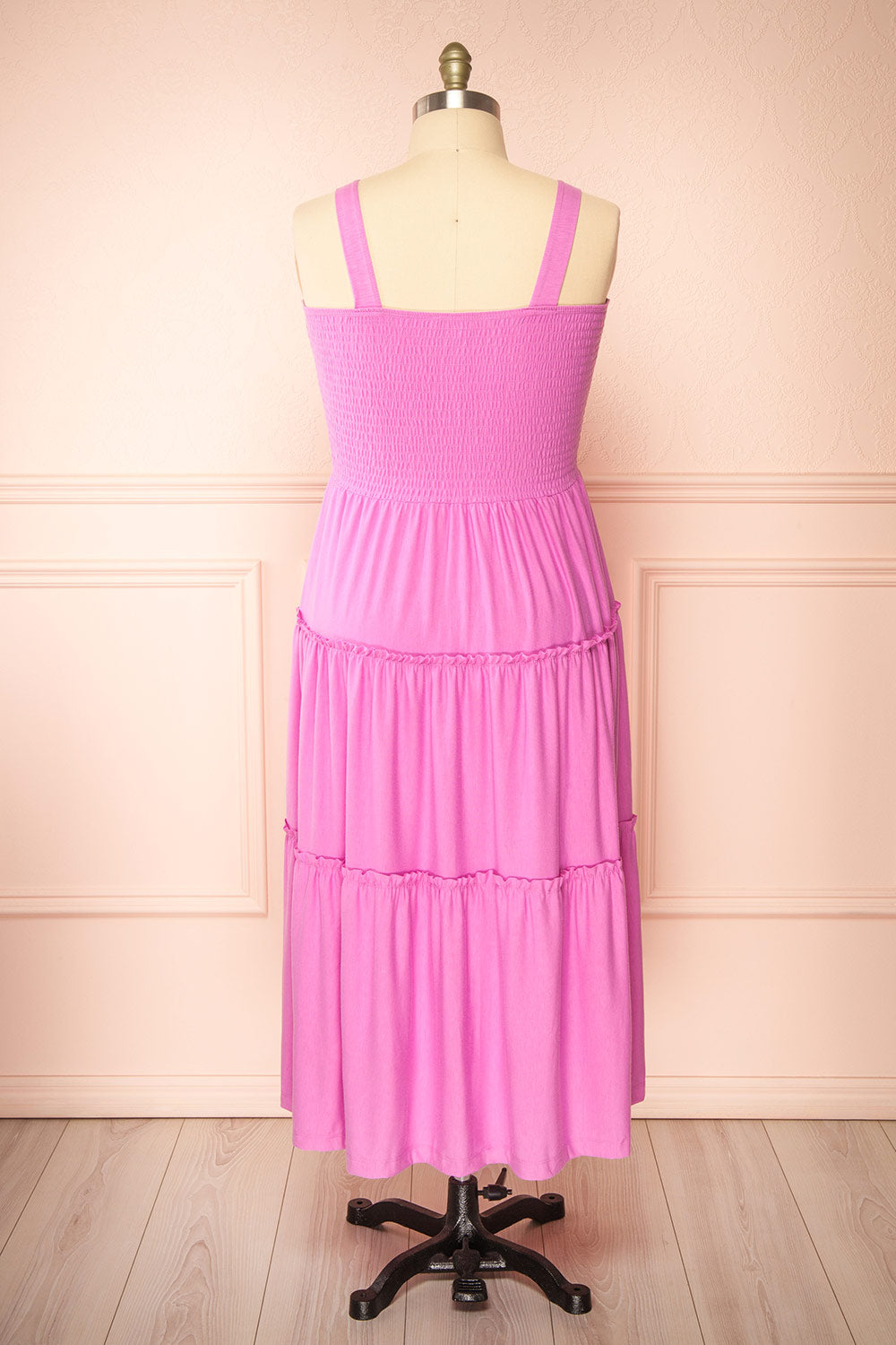 Carly Pink Tiered Midi Dress w/ Ruched Bust | Boutique 1861  back plus size