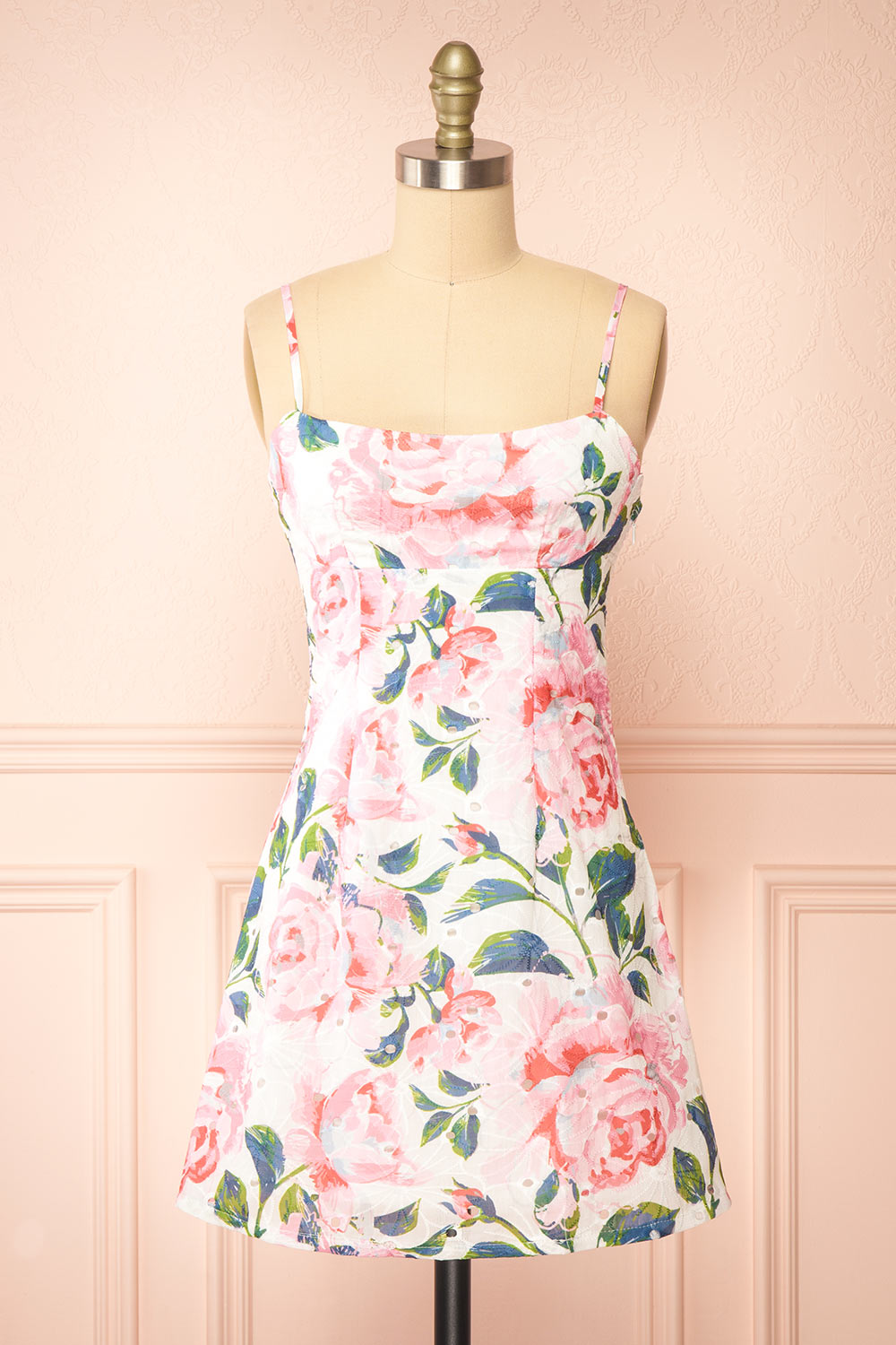 Carmela Short Floral Dress w/ Lace Up Back | Boutique 1861 front view