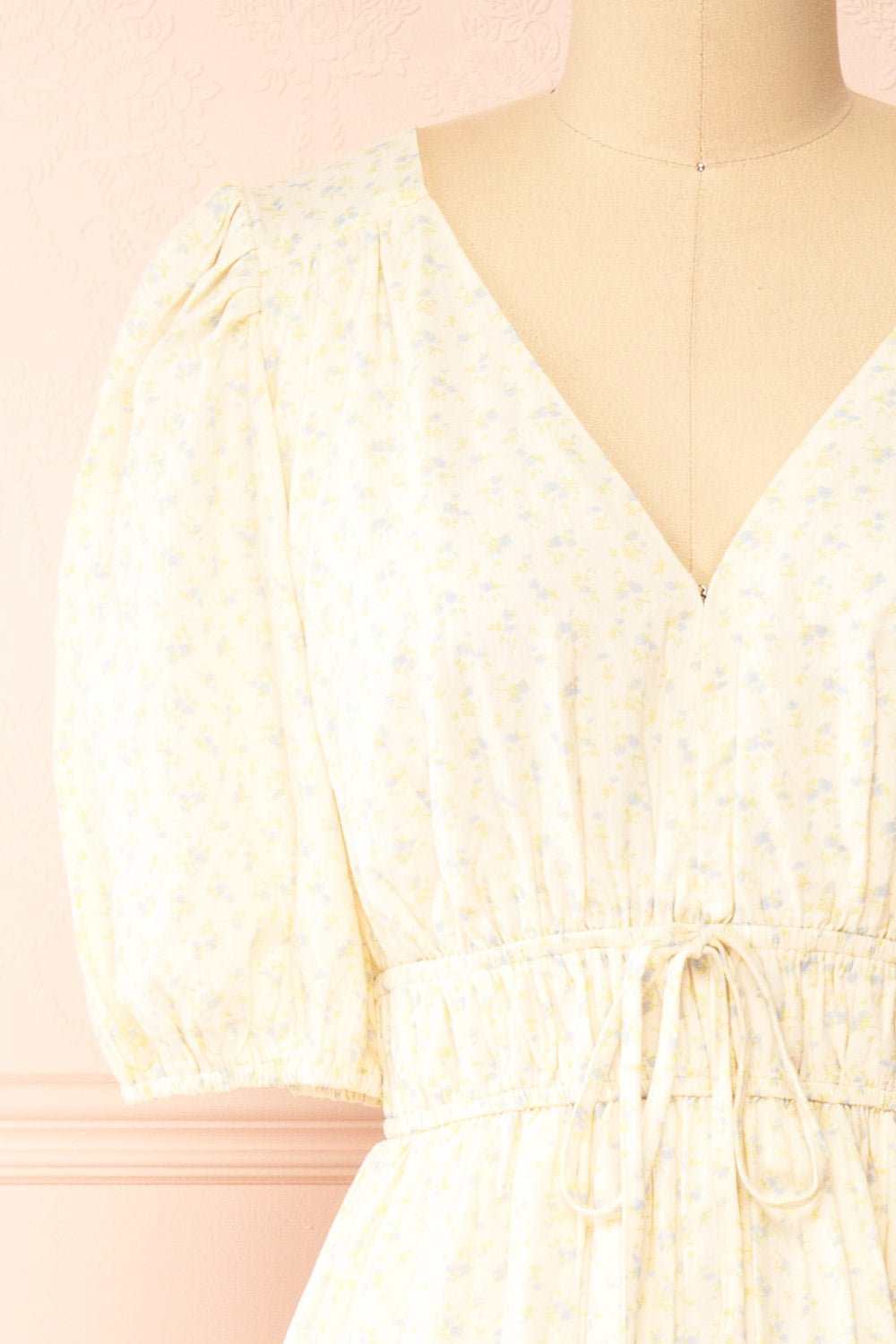 Carolane Maxi Cream Dress w/ Blue Floral Pattern | Boutique 1861 front