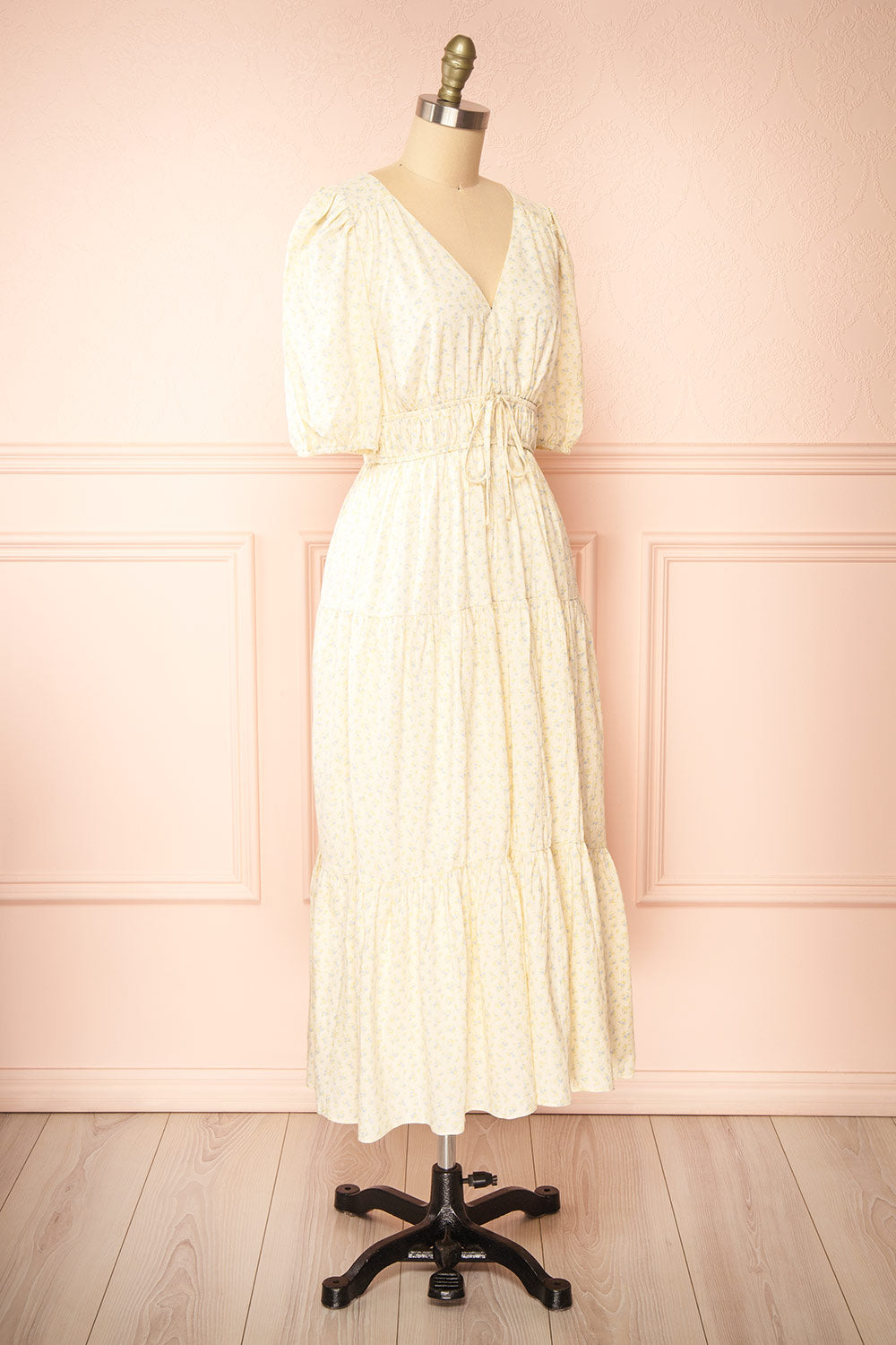 Carolane Maxi Cream Dress w/ Blue Floral Pattern | Boutique 1861 side view