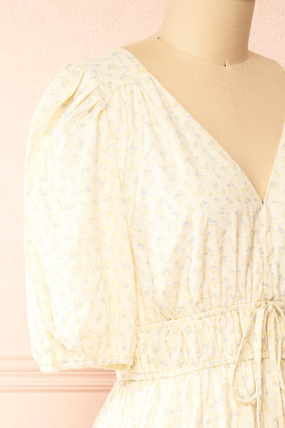 Carolane Maxi Cream Dress w/ Blue Floral Pattern | Boutique 1861 side