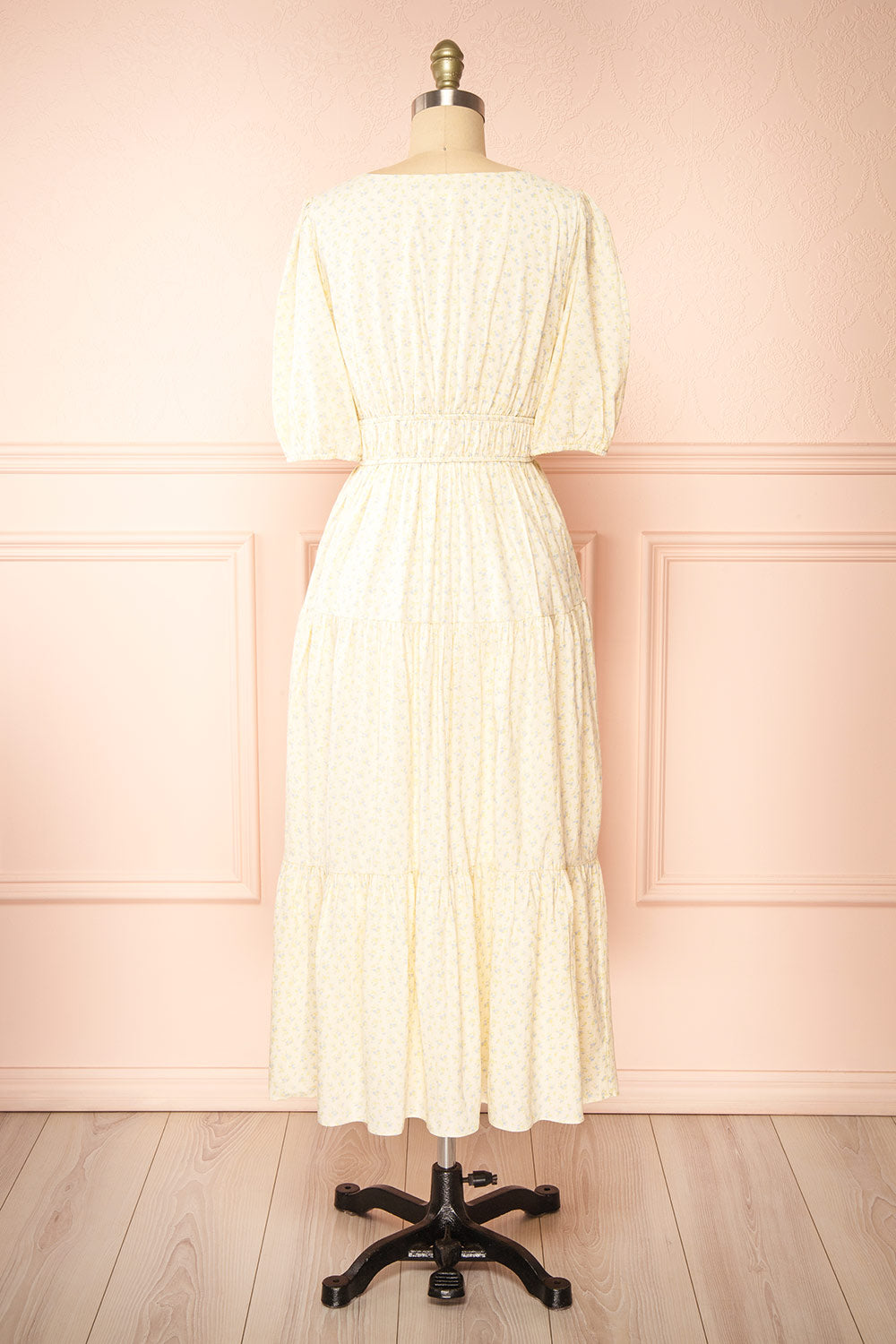 Carolane Maxi Cream Dress w/ Blue Floral Pattern | Boutique 1861 back view