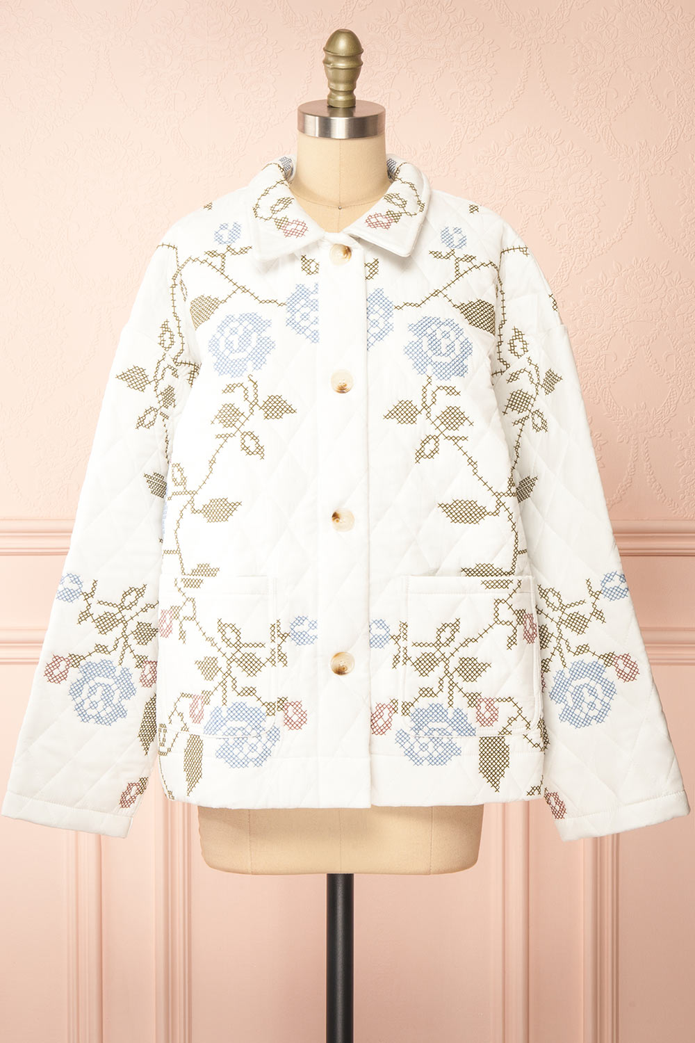Carolyne White Quilted Jacket w/ Floral Embroidery | Boutique 1861 closed view