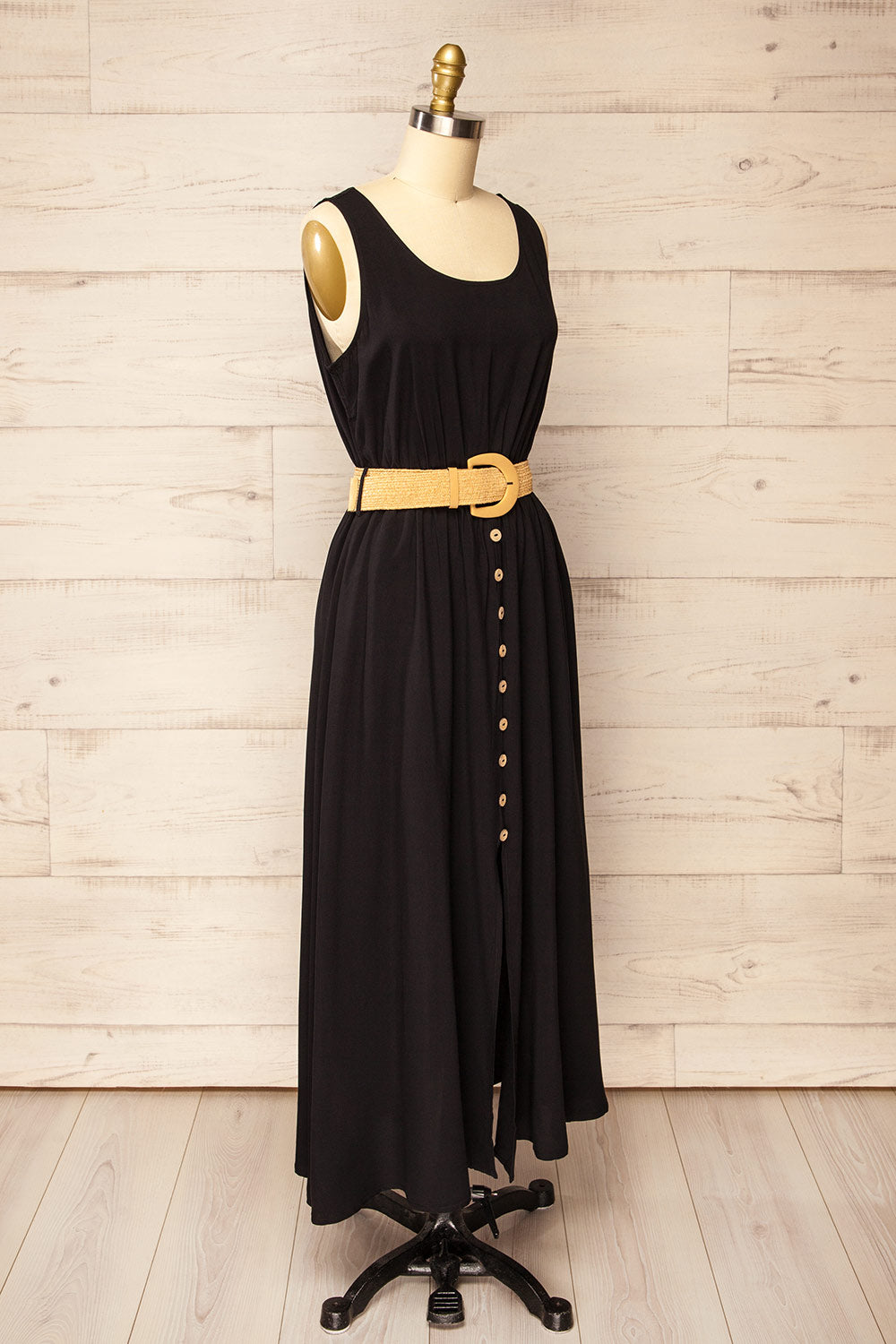 Carrington Black Midi Dress w/ Straw Belt | La petite garçonne side view