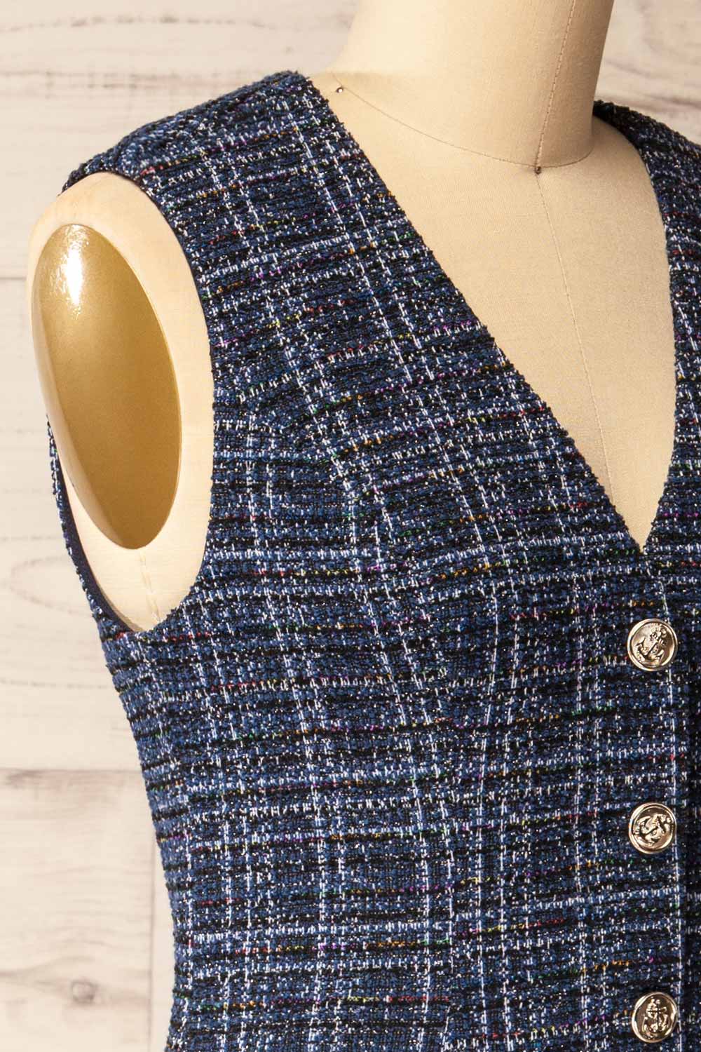 side of sewing mannequin wearing Cascina Sleeveless Sparkling Tweed Blazer from La petite garçonne