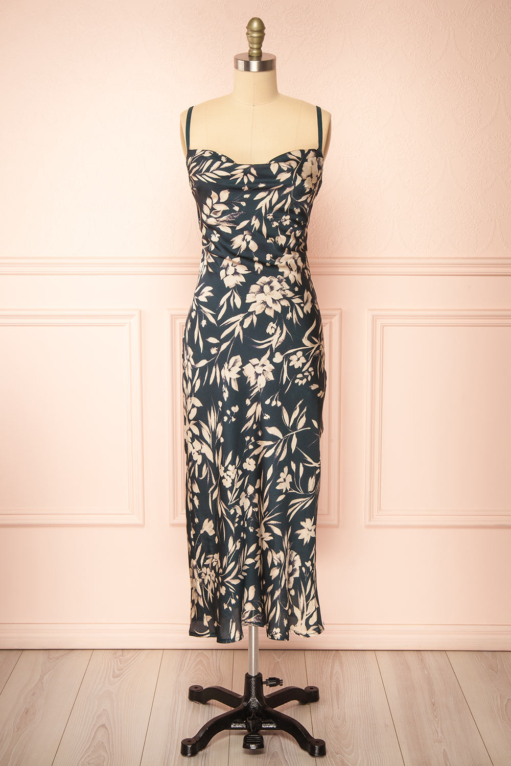 Casey Long Dark Floral Satin Dress | Boutique 1861 front view