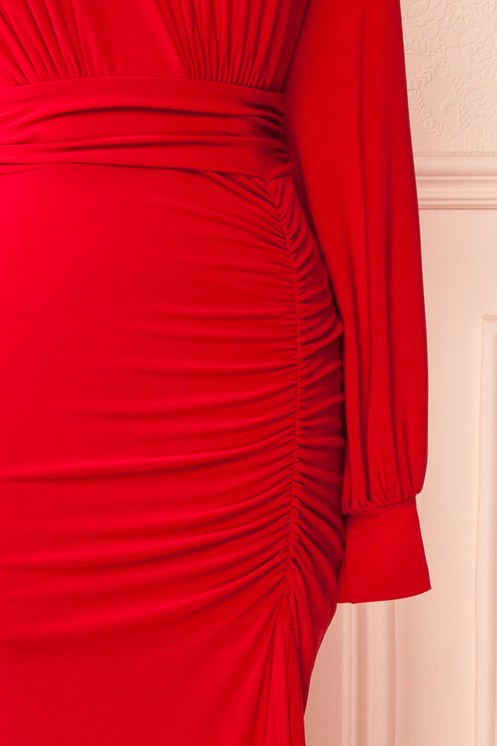 Cassidy Red Plunging Neckline Mermaid Maxi Dress | Boutique 1861 sleeve close-up