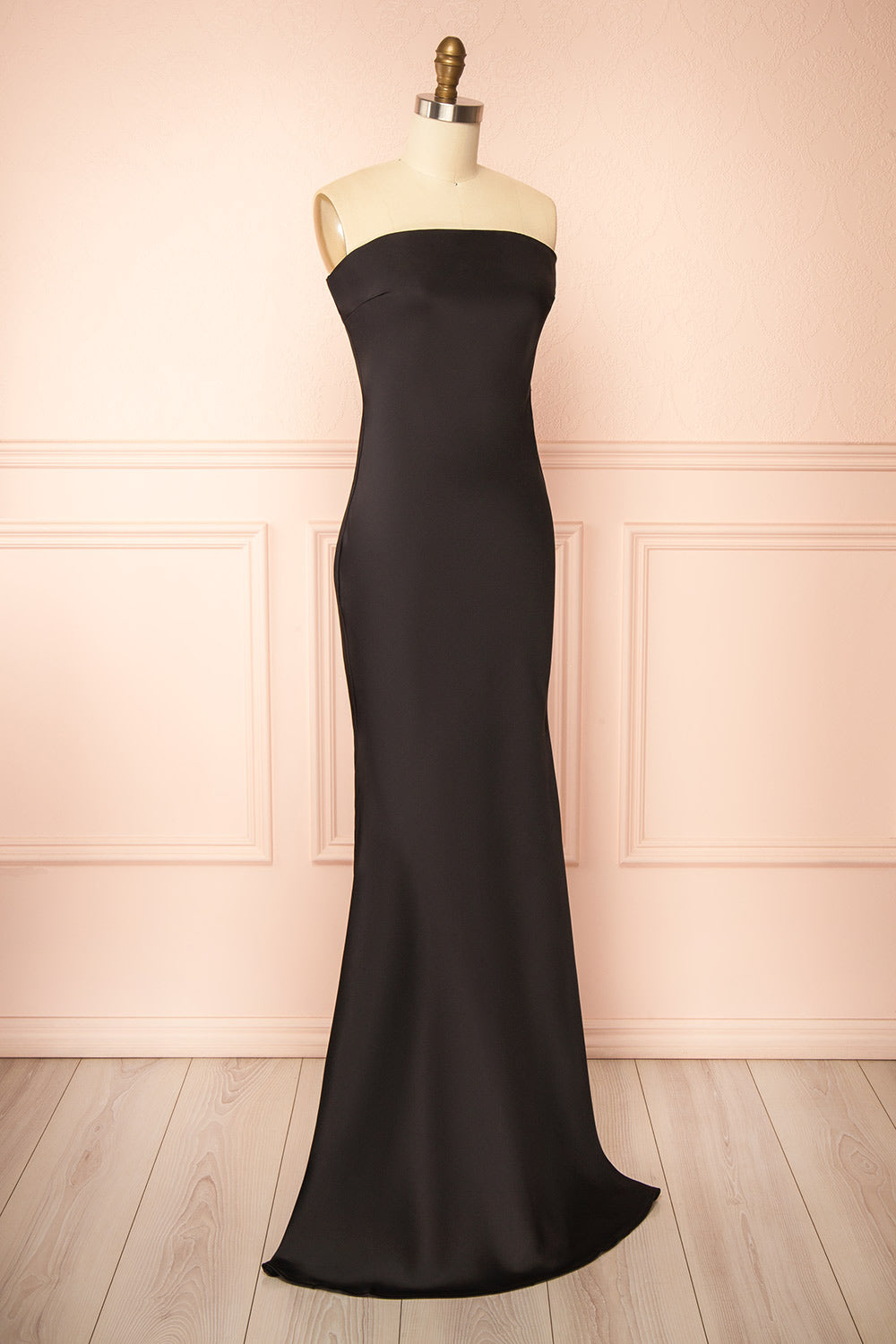 Cathleen Black Fitted Strapless Satin Maxi Dress | Boutique 1861 side view
