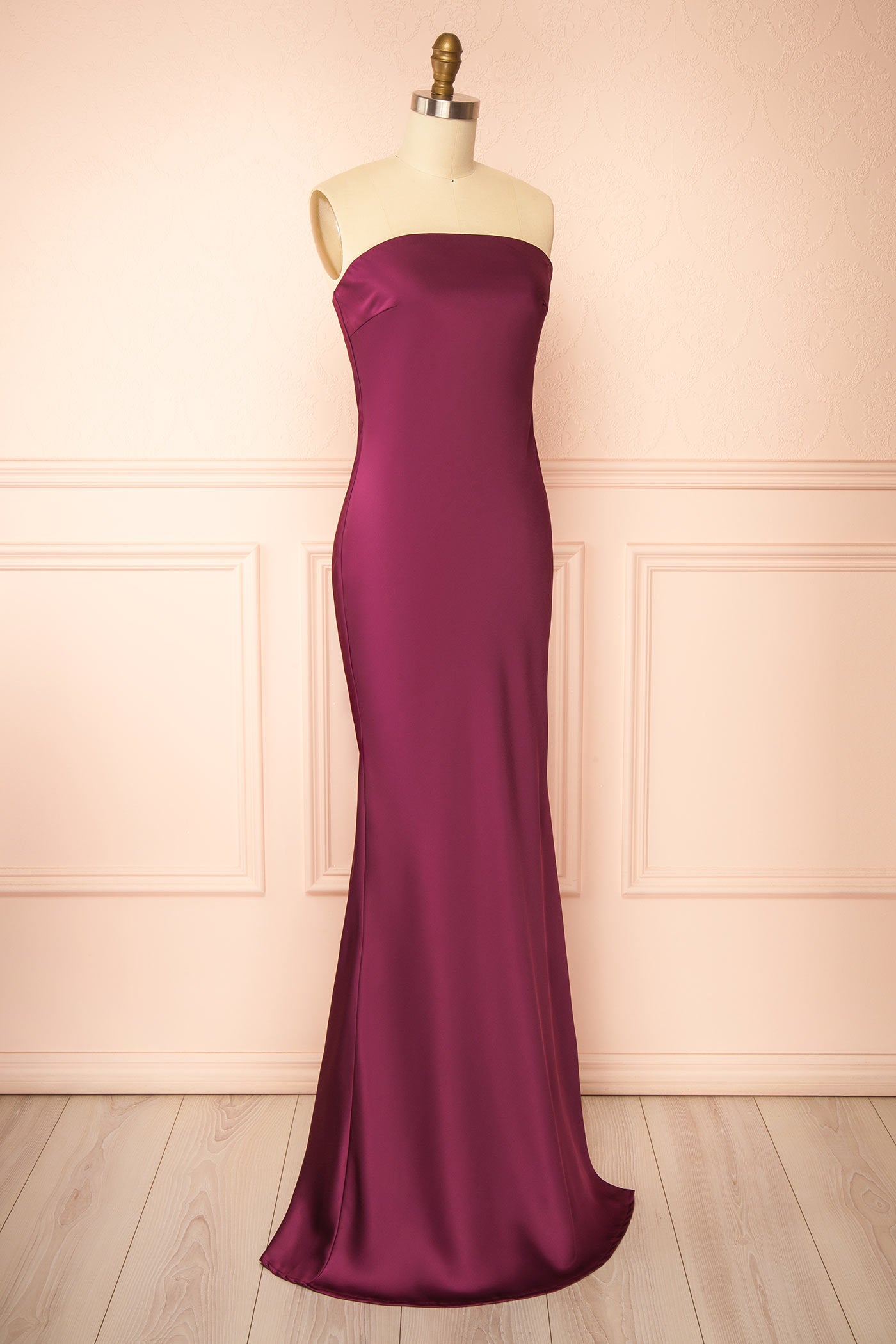 Cathleen Burgundy | Fitted Strapless Satin Maxi Dress