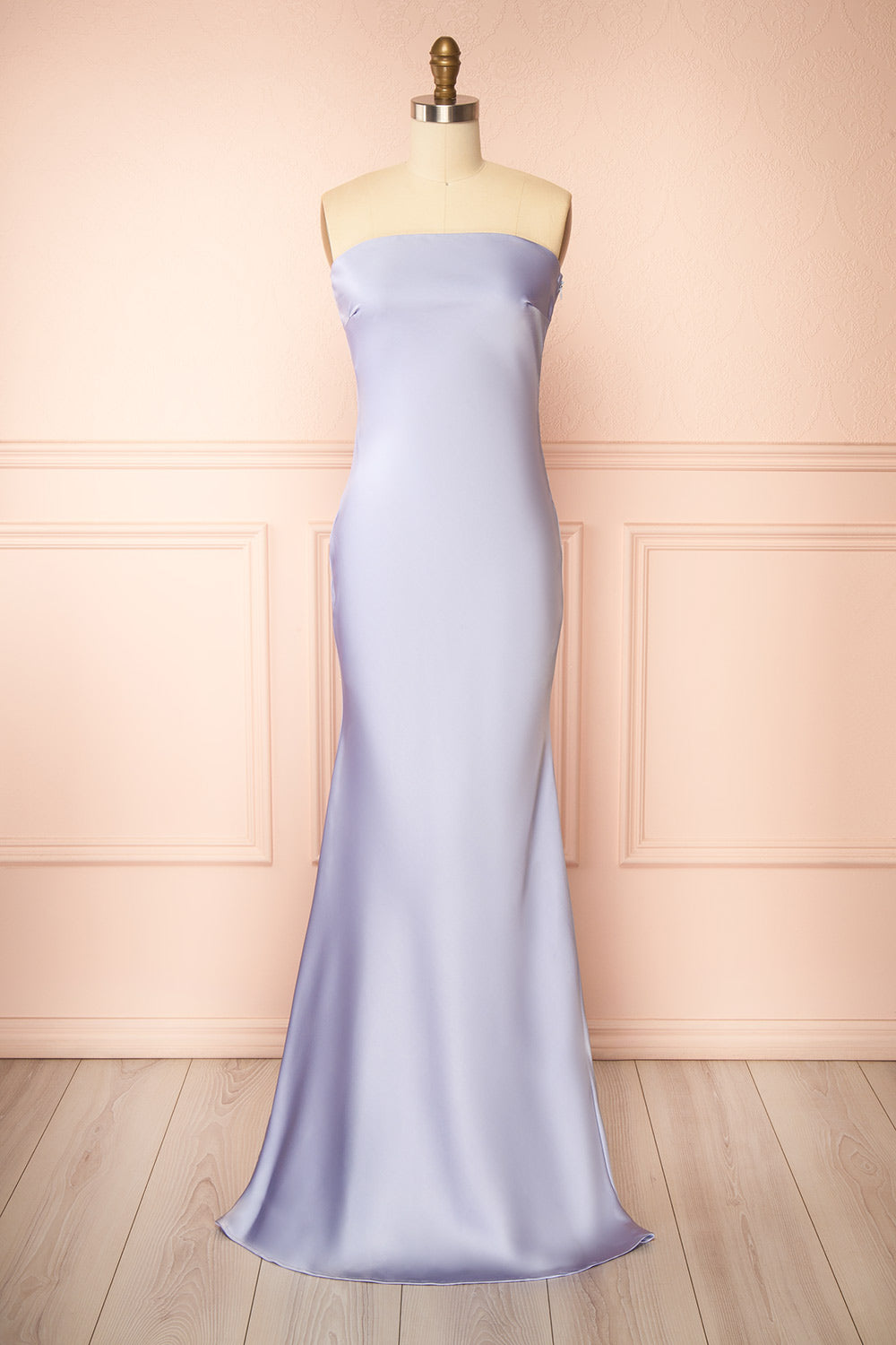 Cathleen Lavender Fitted Strapless Satin Maxi Dress | Boutique 1861