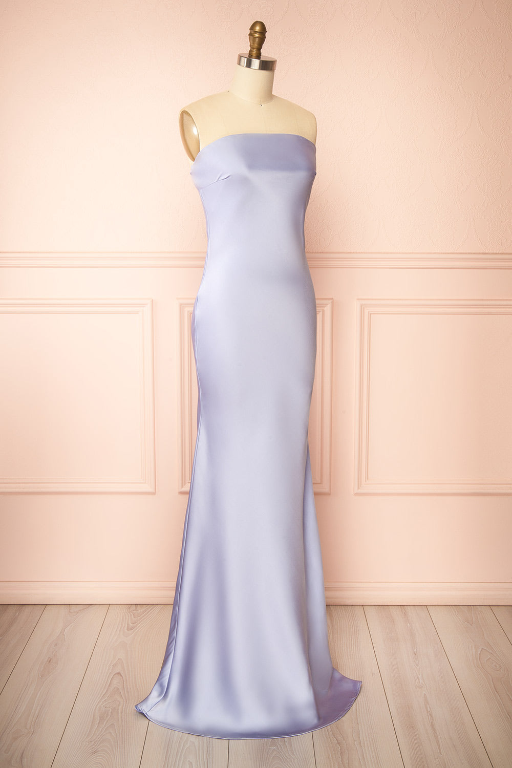 Cathleen Lavender Fitted Strapless Satin Maxi Dress | Boutique 1861 side view